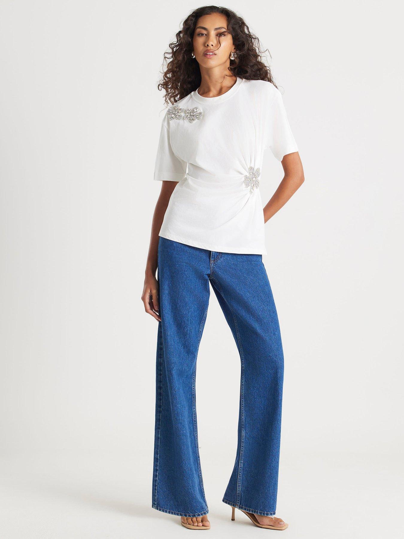  image of river-island-short-sleeve-diamante-floral-cinched-t-shirt-white