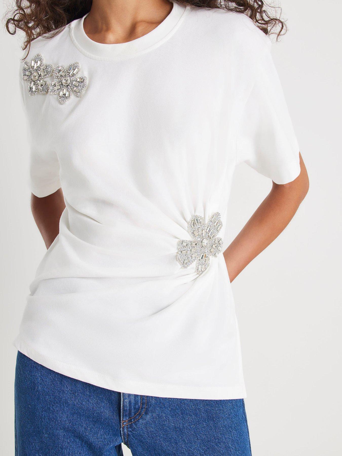  image of river-island-short-sleeve-diamante-floral-cinched-t-shirt-white
