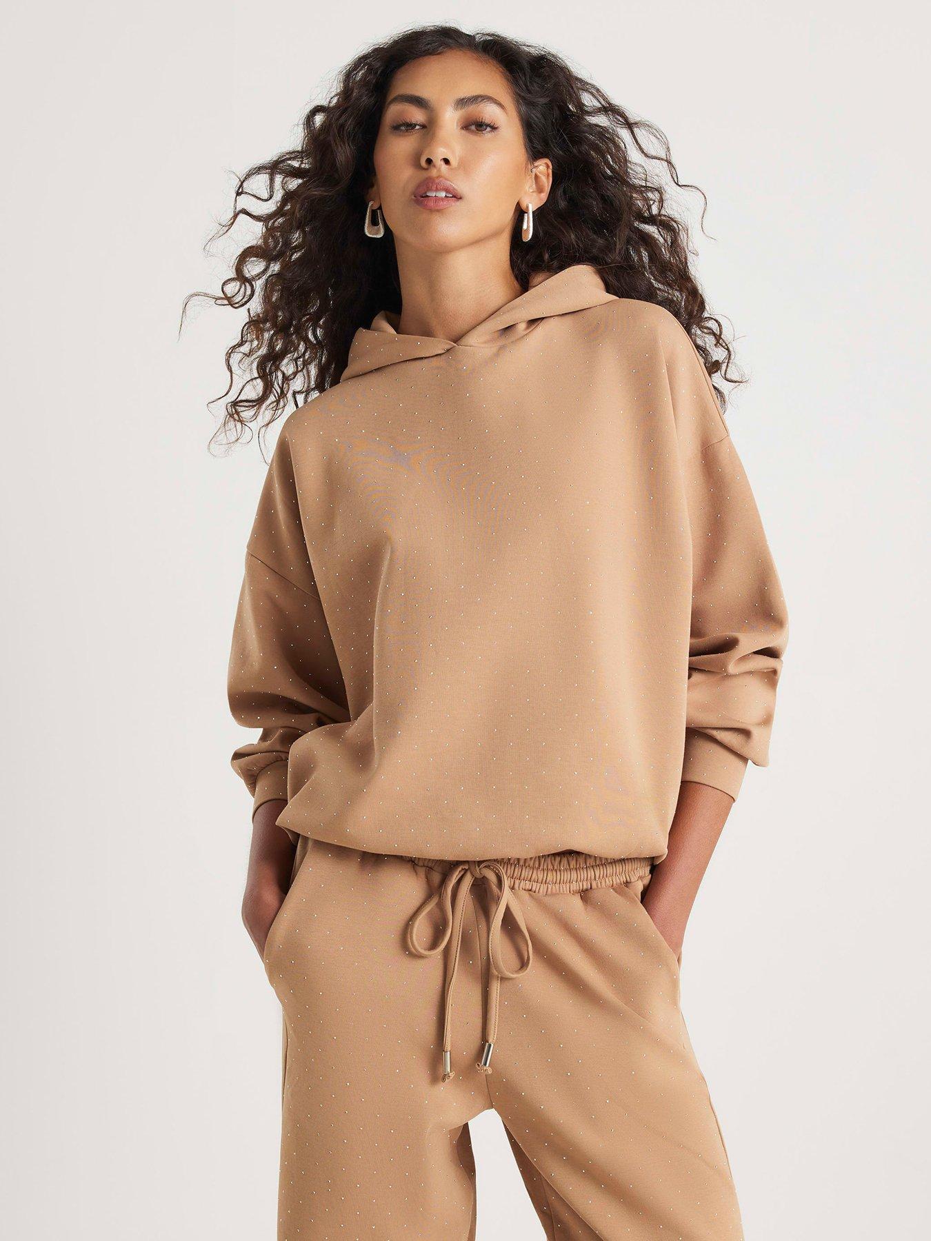 Image 1 of 4 of River Island Long Sleeve Neoprene Hotfix Hoody - Beige