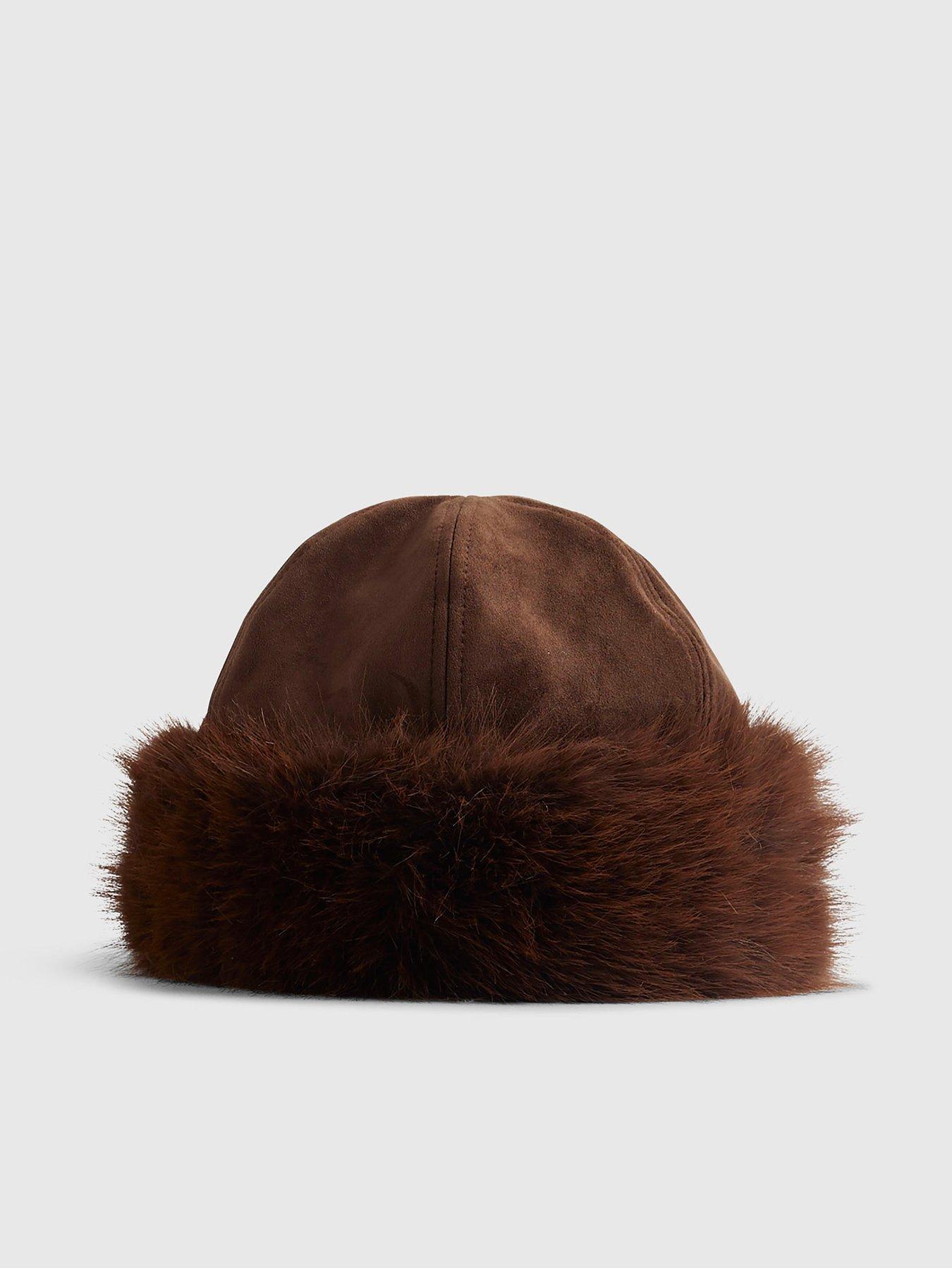 River Island Suedette And Fur Hat - Brown