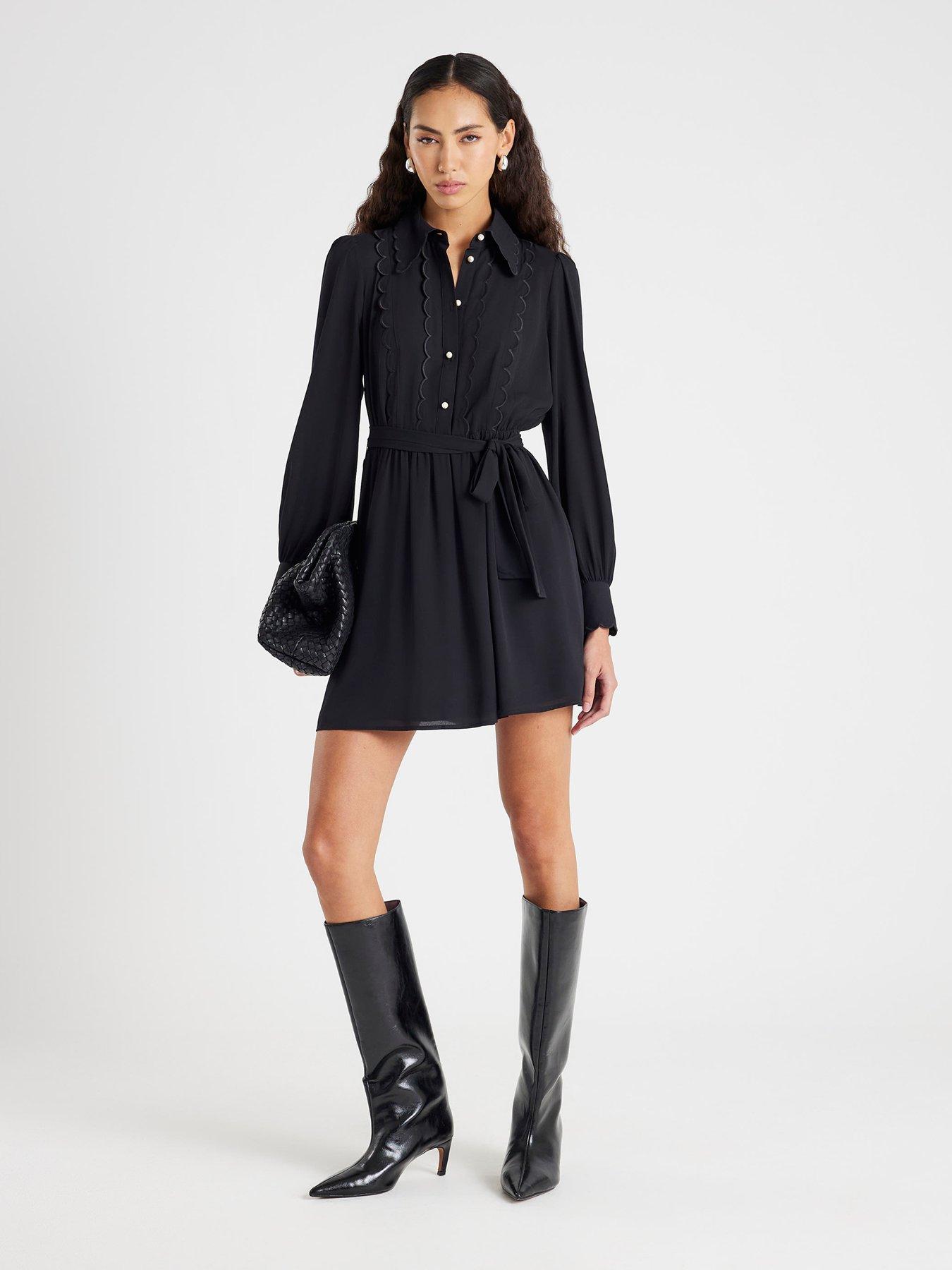 Image 1 of 4 of River Island Long Sleeve Scallop Shirt Dress - Black