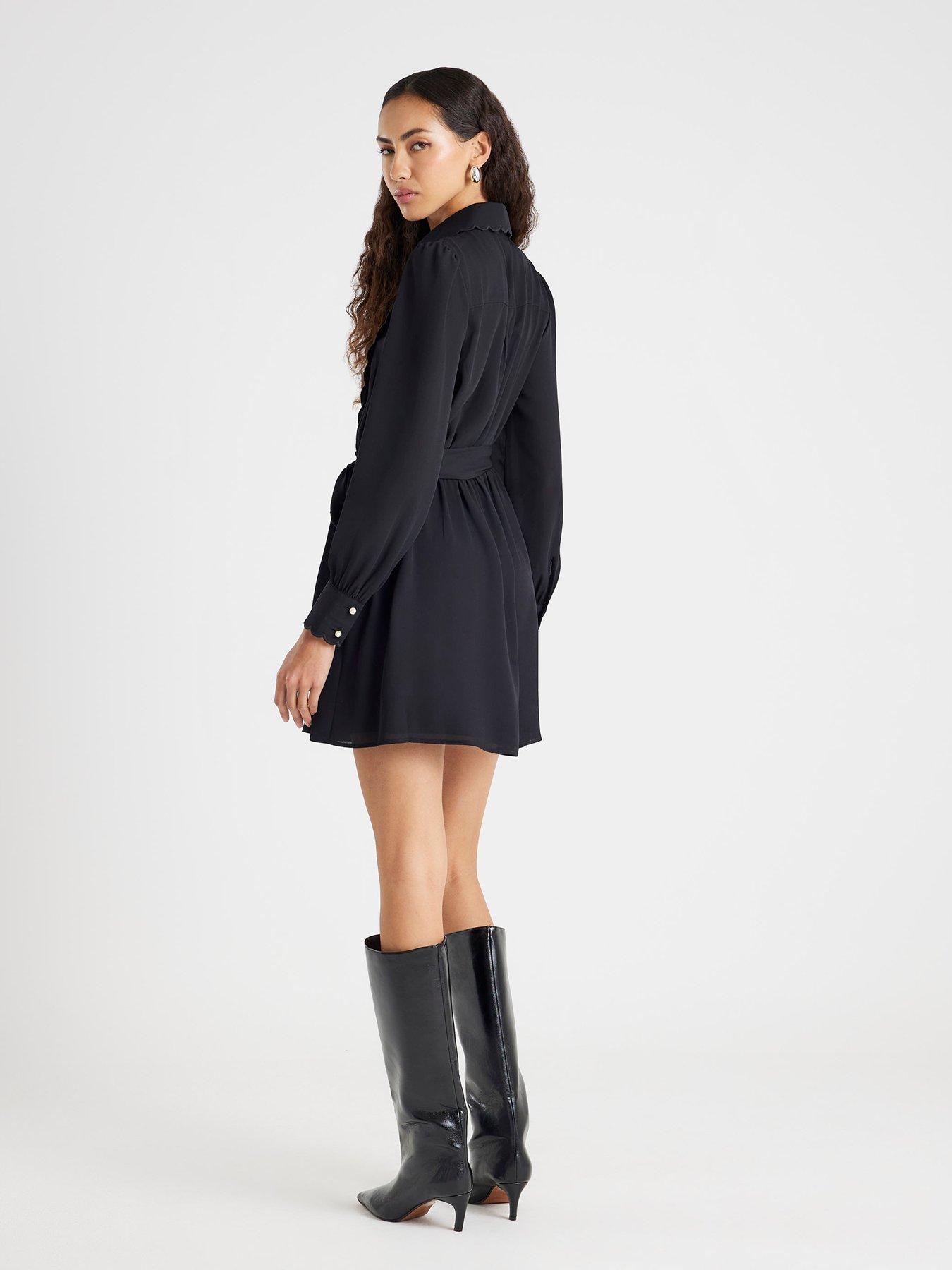 Image 2 of 4 of River Island Long Sleeve Scallop Shirt Dress - Black