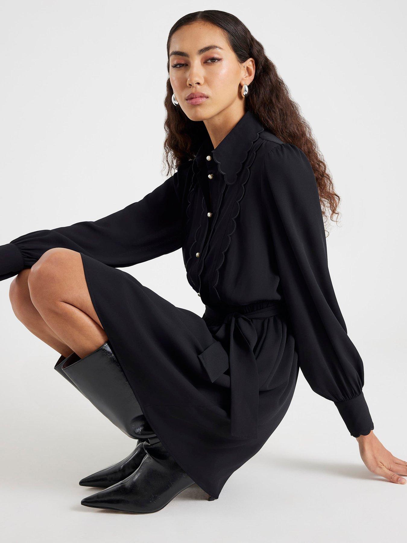  image of river-island-long-sleeve-scallop-shirt-dress-black
