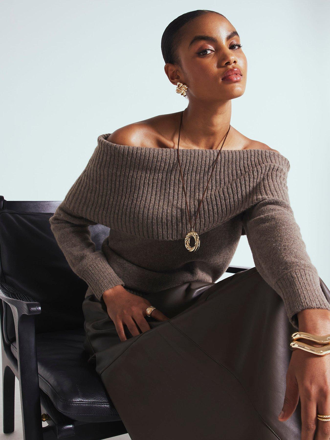  image of river-island-knitted-bardot-jumper-brown