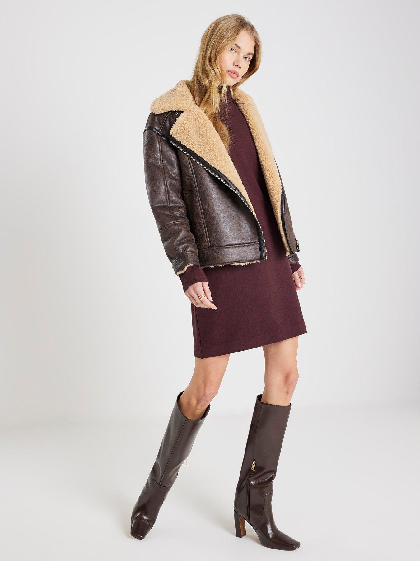  image of river-island-long-sleeve-cosy-high-neck-mini-dress-brown