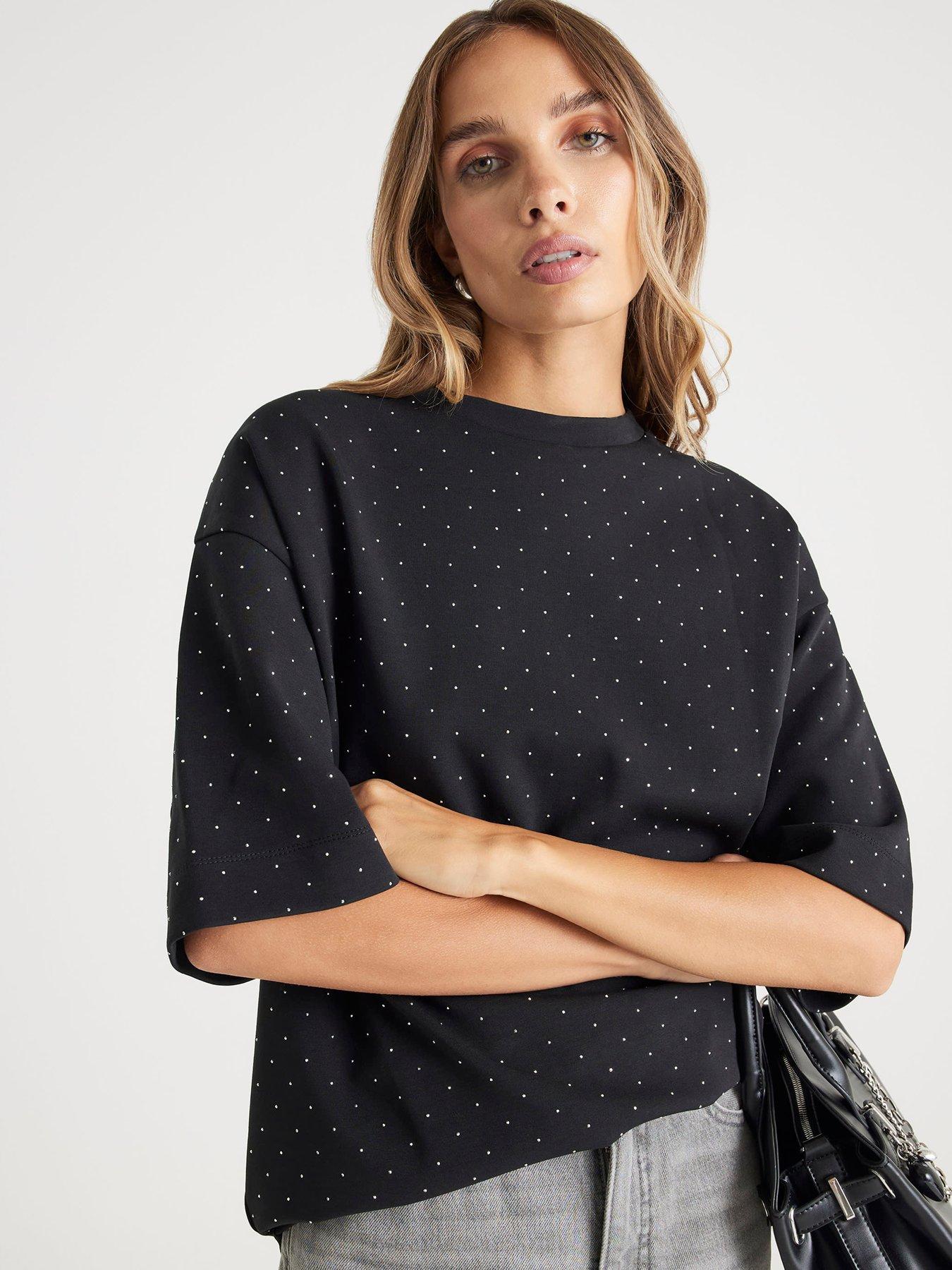  image of river-island-short-sleeve-neoprene-hotfix-t-shirt-black