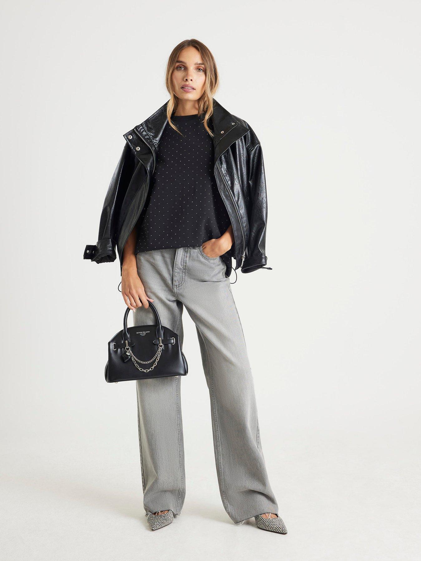  image of river-island-short-sleeve-neoprene-hotfix-t-shirt-black