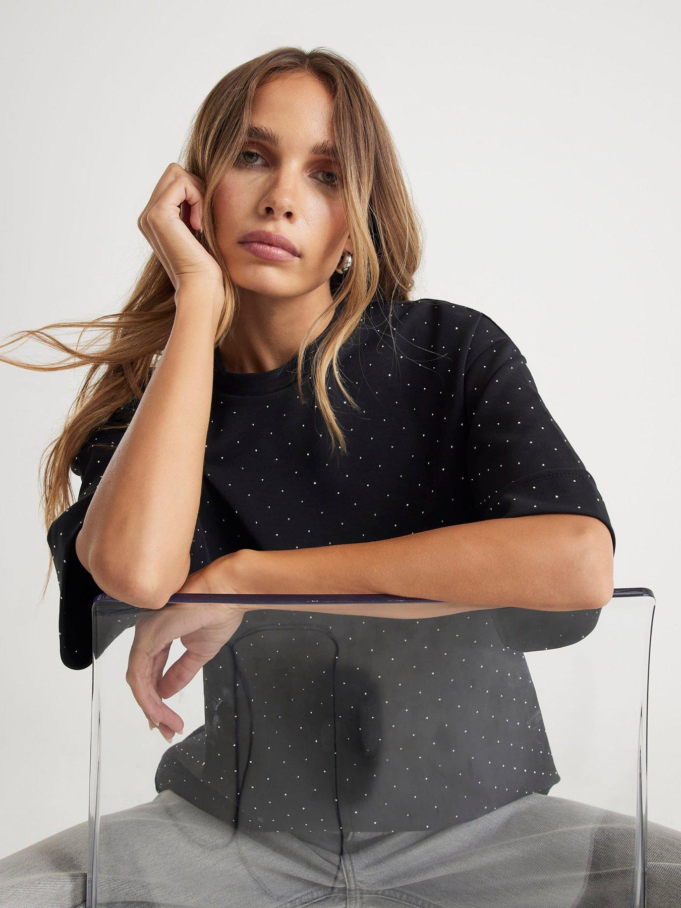  image of river-island-short-sleeve-neoprene-hotfix-t-shirt-black