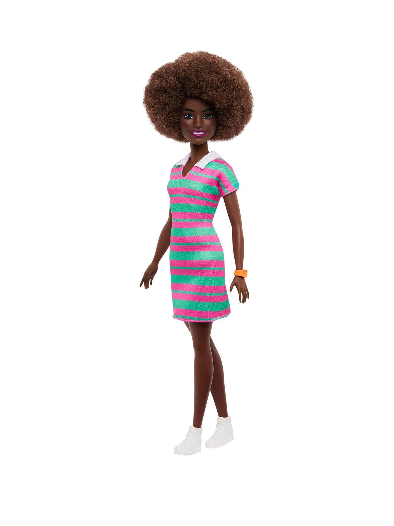 Barbie Fashionistas Doll #247 with Pink and Green Striped Dress - Curly Black Hair