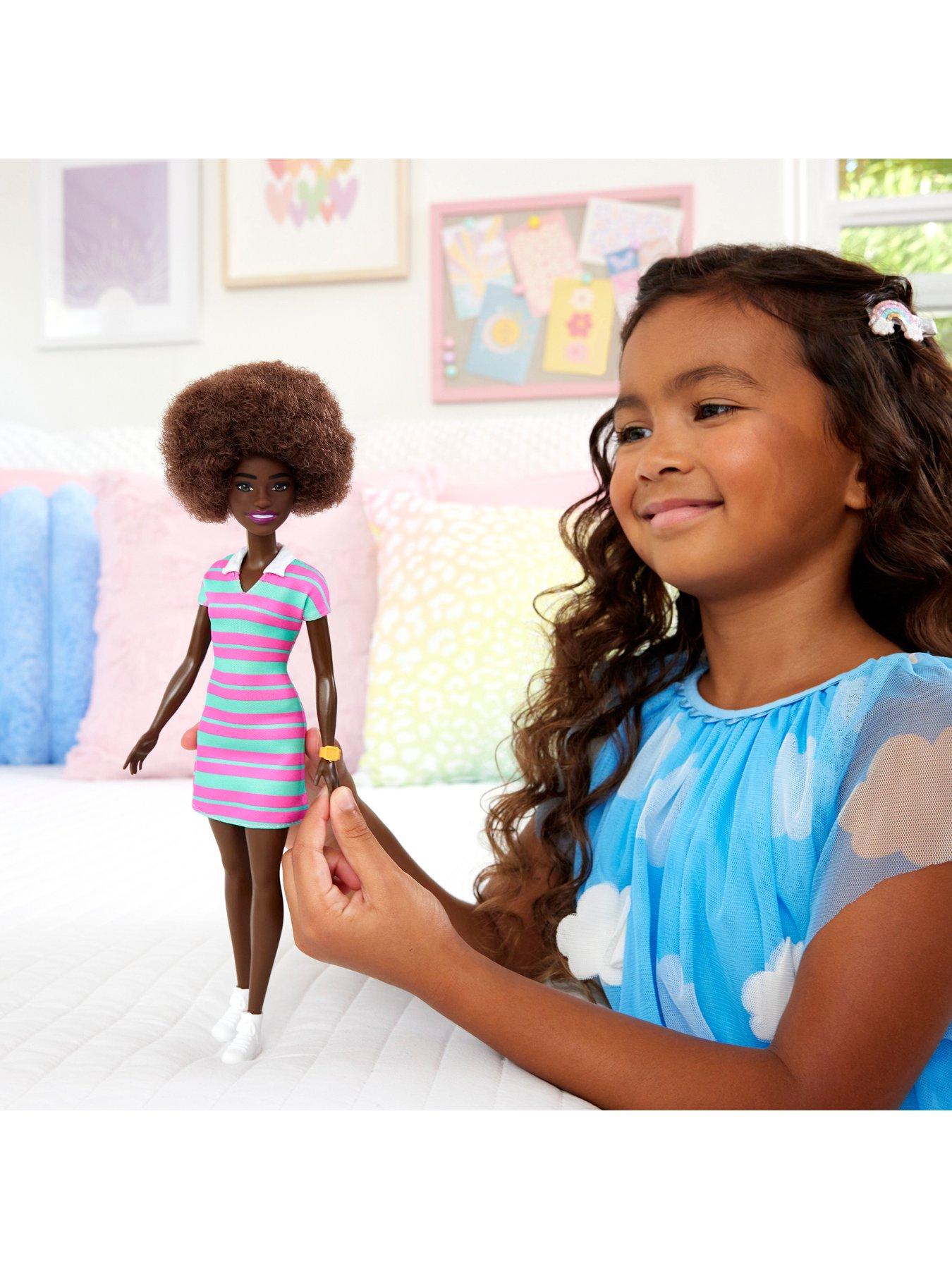 Image 2 of 6 of Barbie Fashionistas Doll #247 with Pink and Green Striped Dress, Curly Black Hair