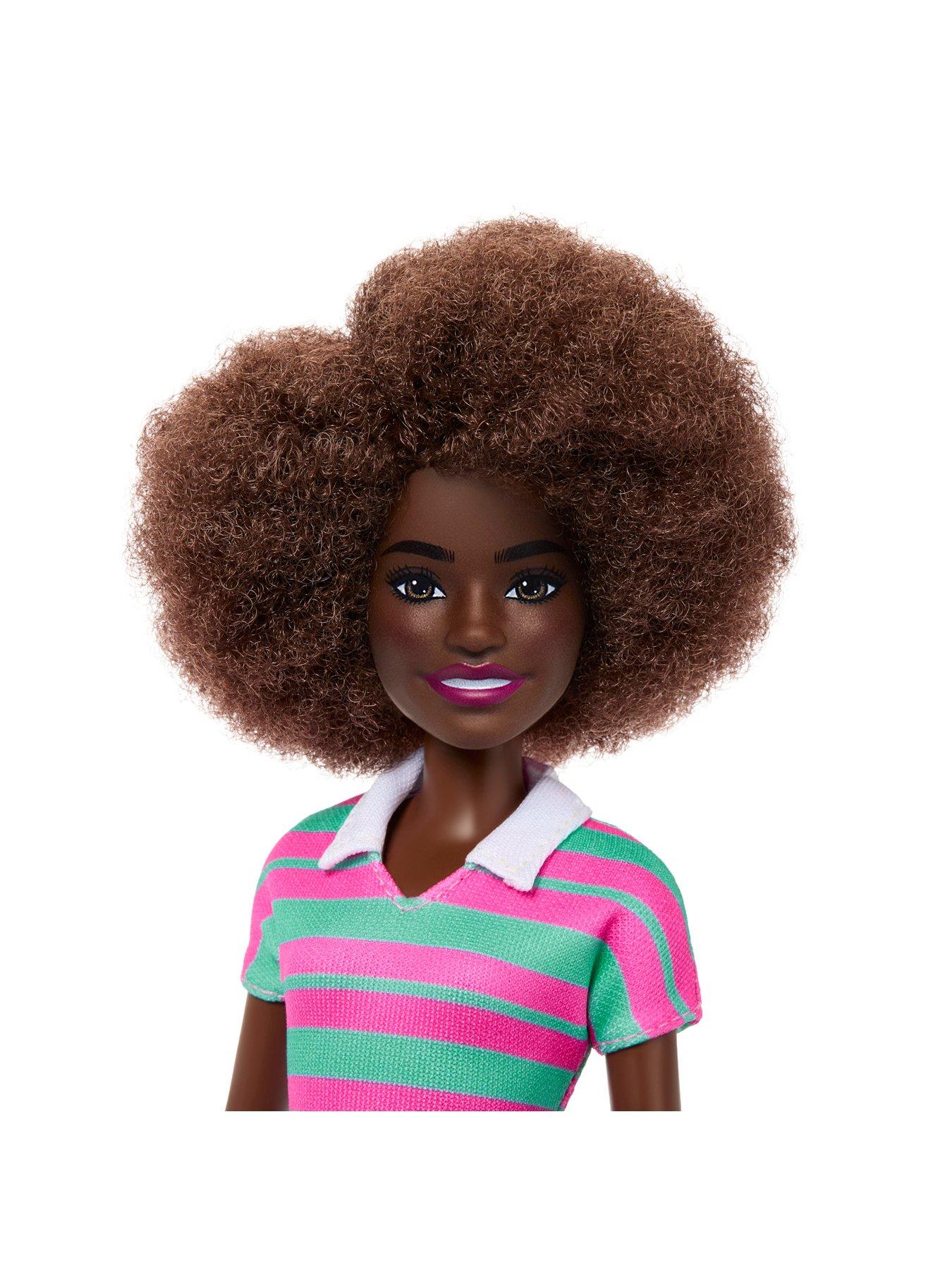 Image 3 of 6 of Barbie Fashionistas Doll #247 with Pink and Green Striped Dress, Curly Black Hair