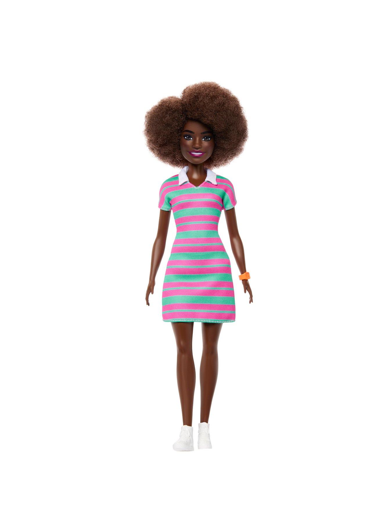 Image 5 of 6 of Barbie Fashionistas Doll #247 with Pink and Green Striped Dress, Curly Black Hair