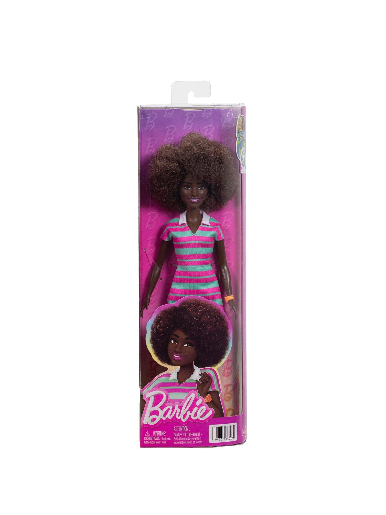 Image 6 of 6 of Barbie Fashionistas Doll #247 with Pink and Green Striped Dress, Curly Black Hair