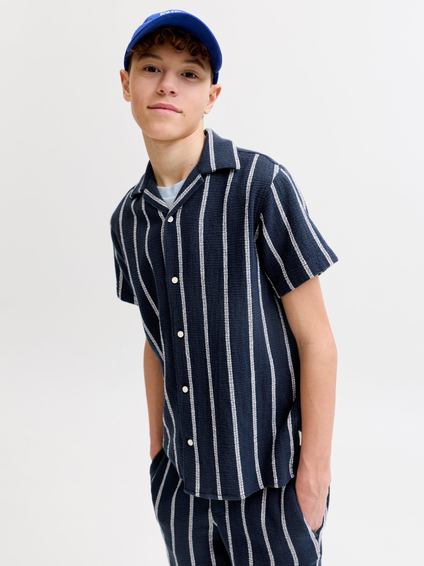 Jack & Jones Junior Boys Stripe Short Sleeve Co-Ord Shirt - Sky Captain