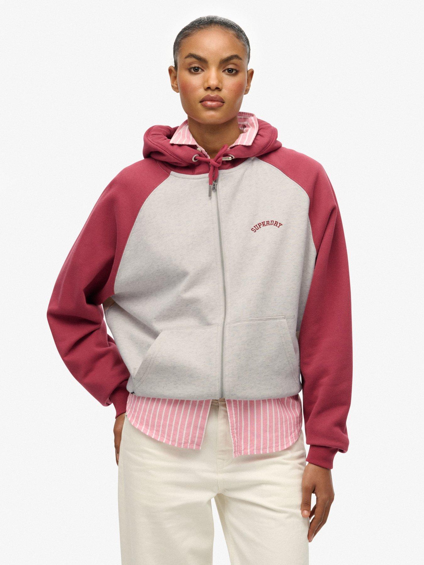 Superdry Essential Logo Raglan Zip-Up Hoodie - Vintage White M/Bordeaux Red