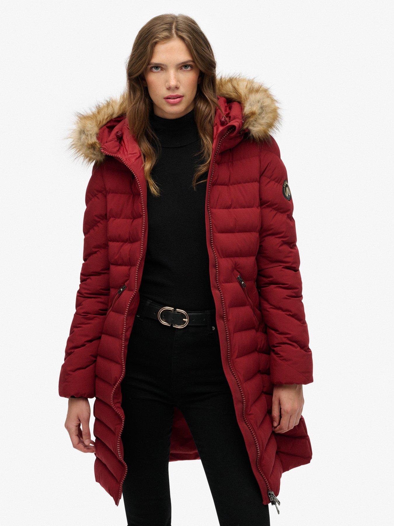 Superdry Fuji Faux Fur Hood Mid Length - Wine Red