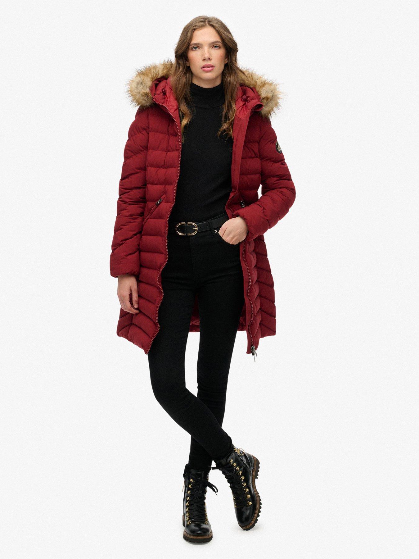  image of superdry-fuji-faux-fur-hood-mid-length-wine-red