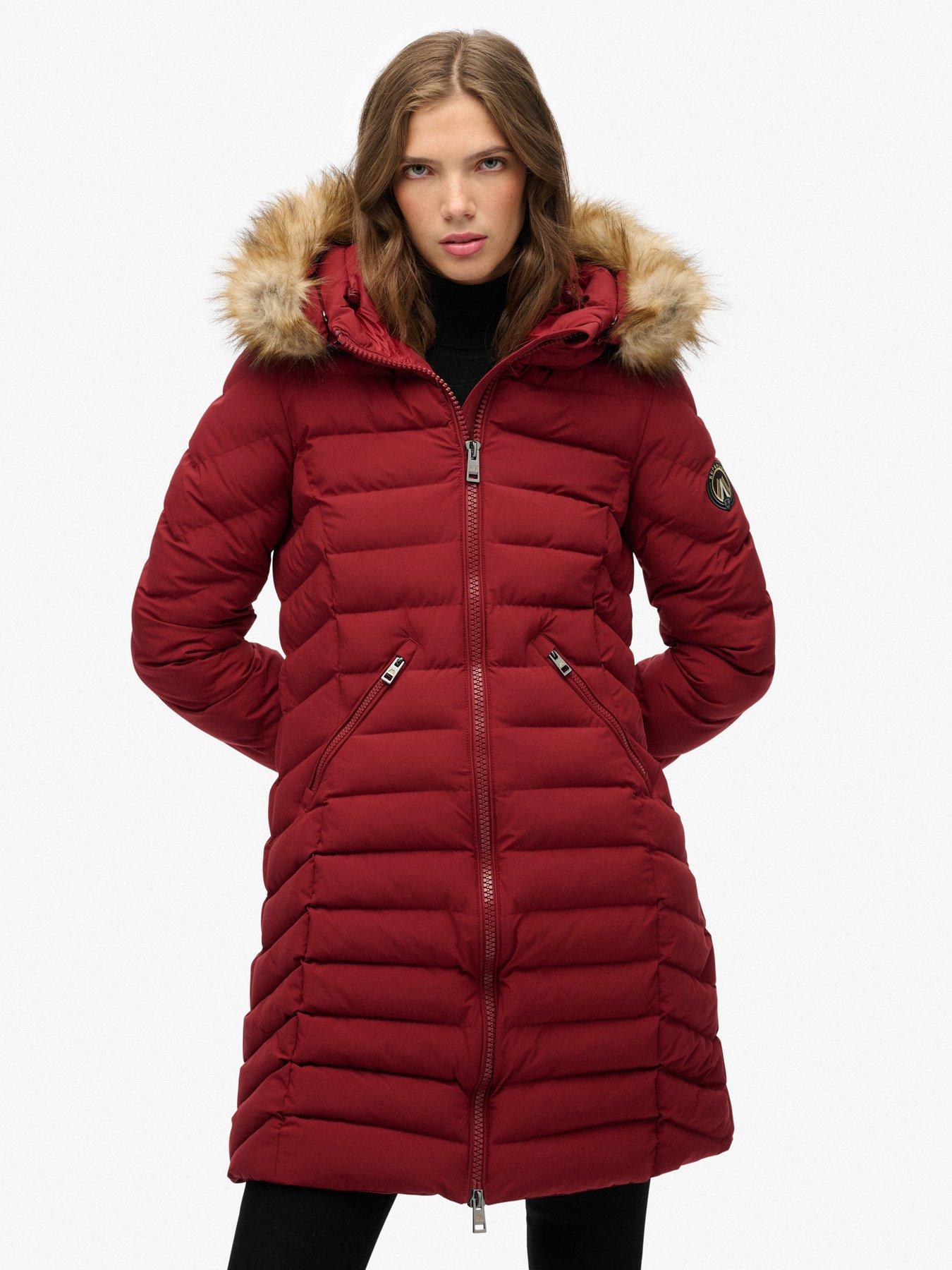  image of superdry-fuji-faux-fur-hood-mid-length-wine-red