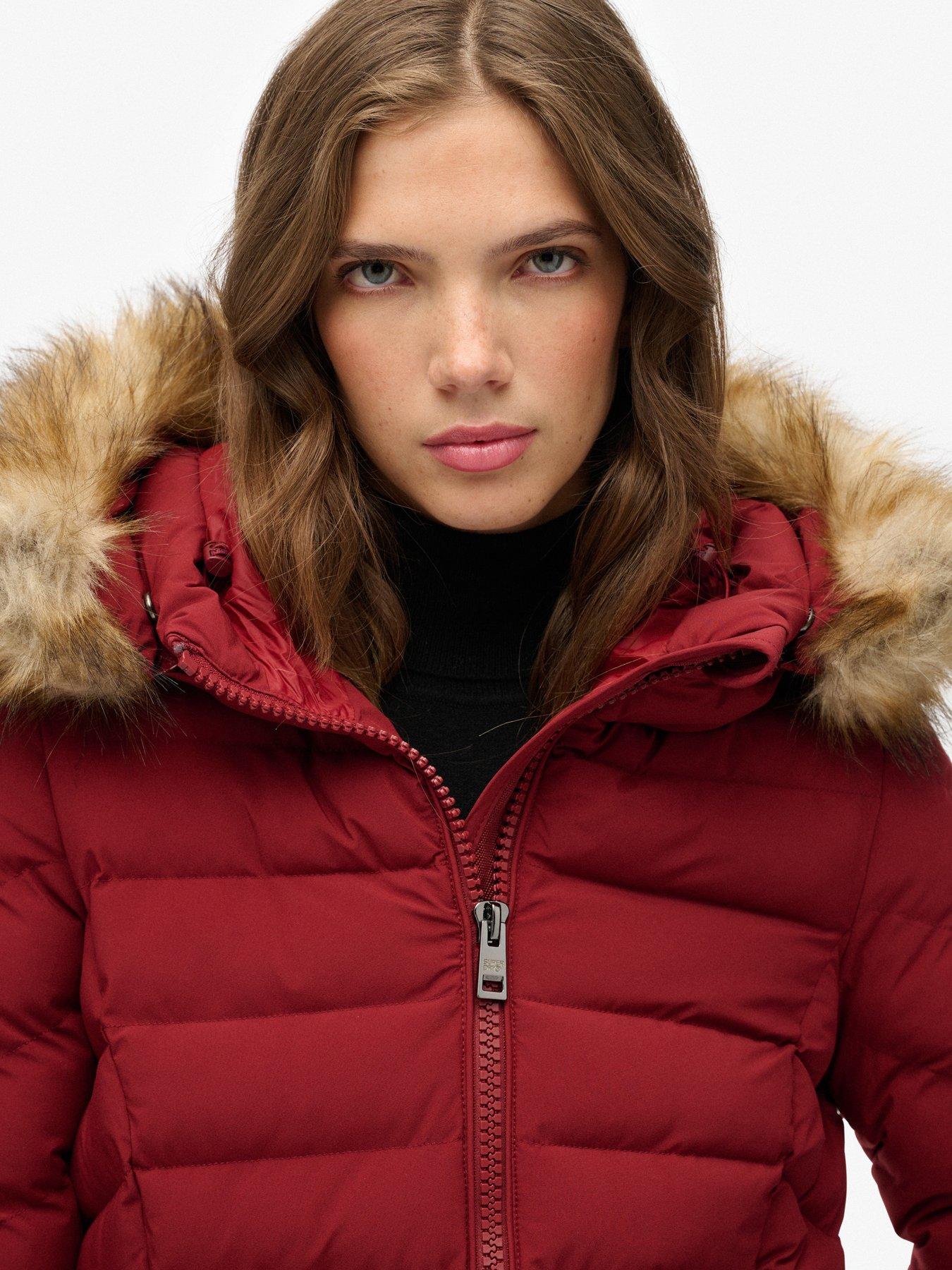  image of superdry-fuji-faux-fur-hood-mid-length-wine-red