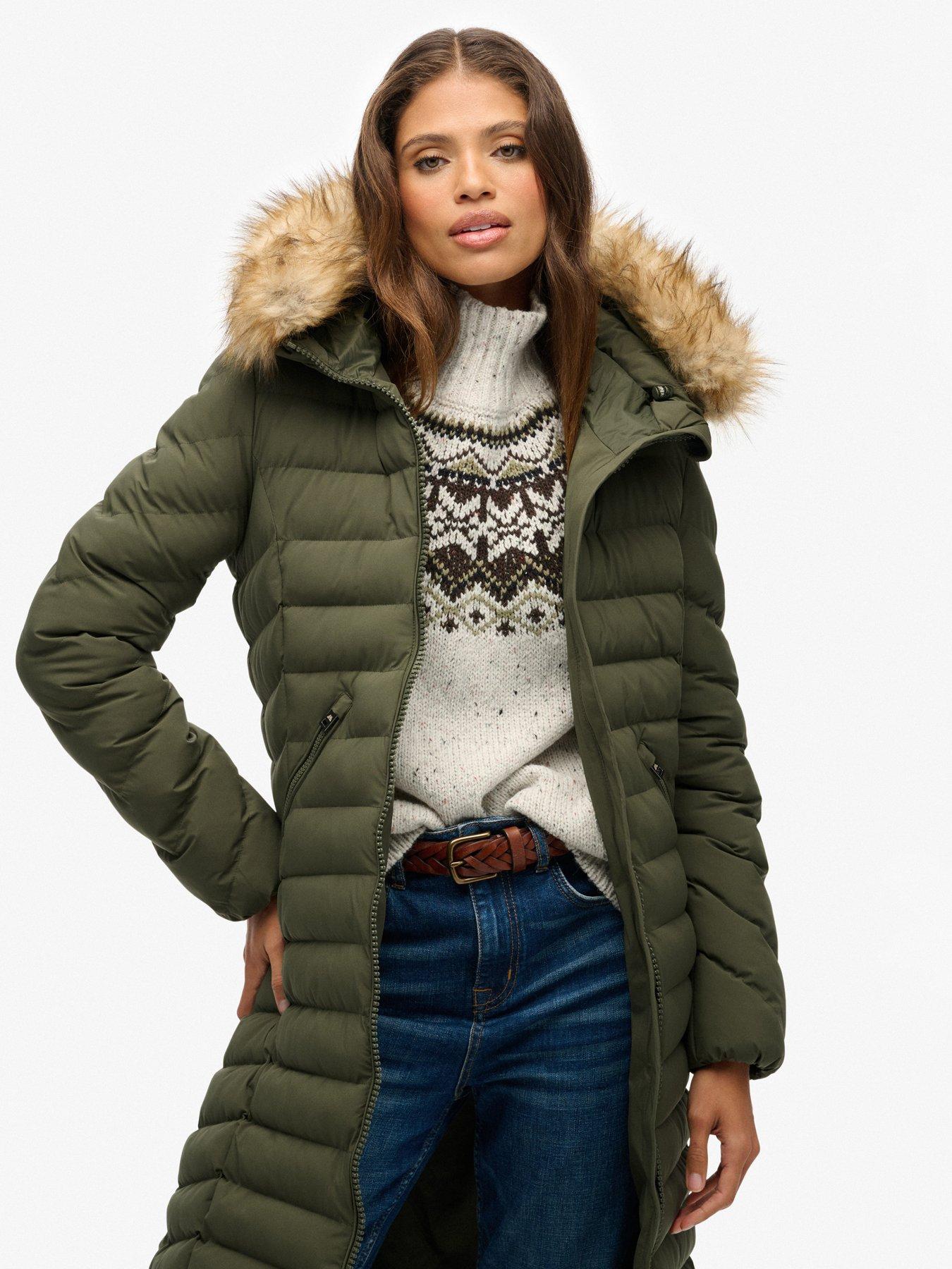 Superdry Fuji Faux Fur Hooded Longline - Beetle Green