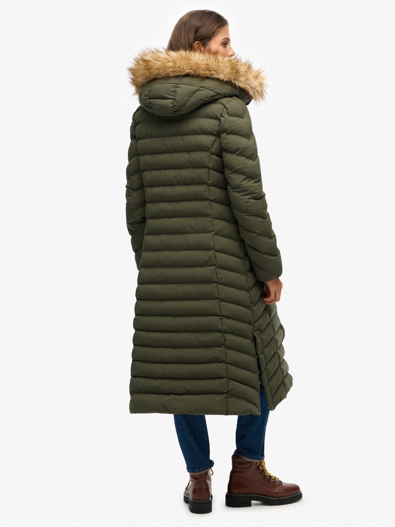 image of superdry-fuji-faux-fur-hooded-longline-beetle-green