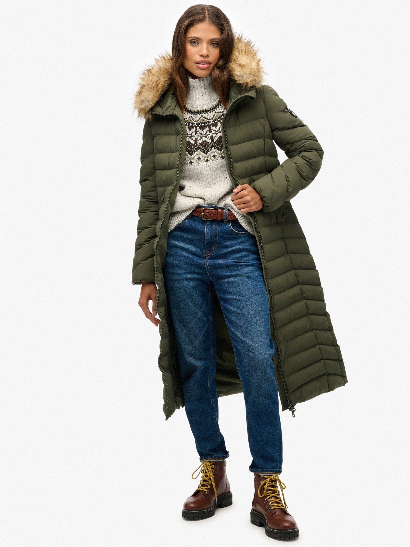  image of superdry-fuji-faux-fur-hooded-longline-beetle-green