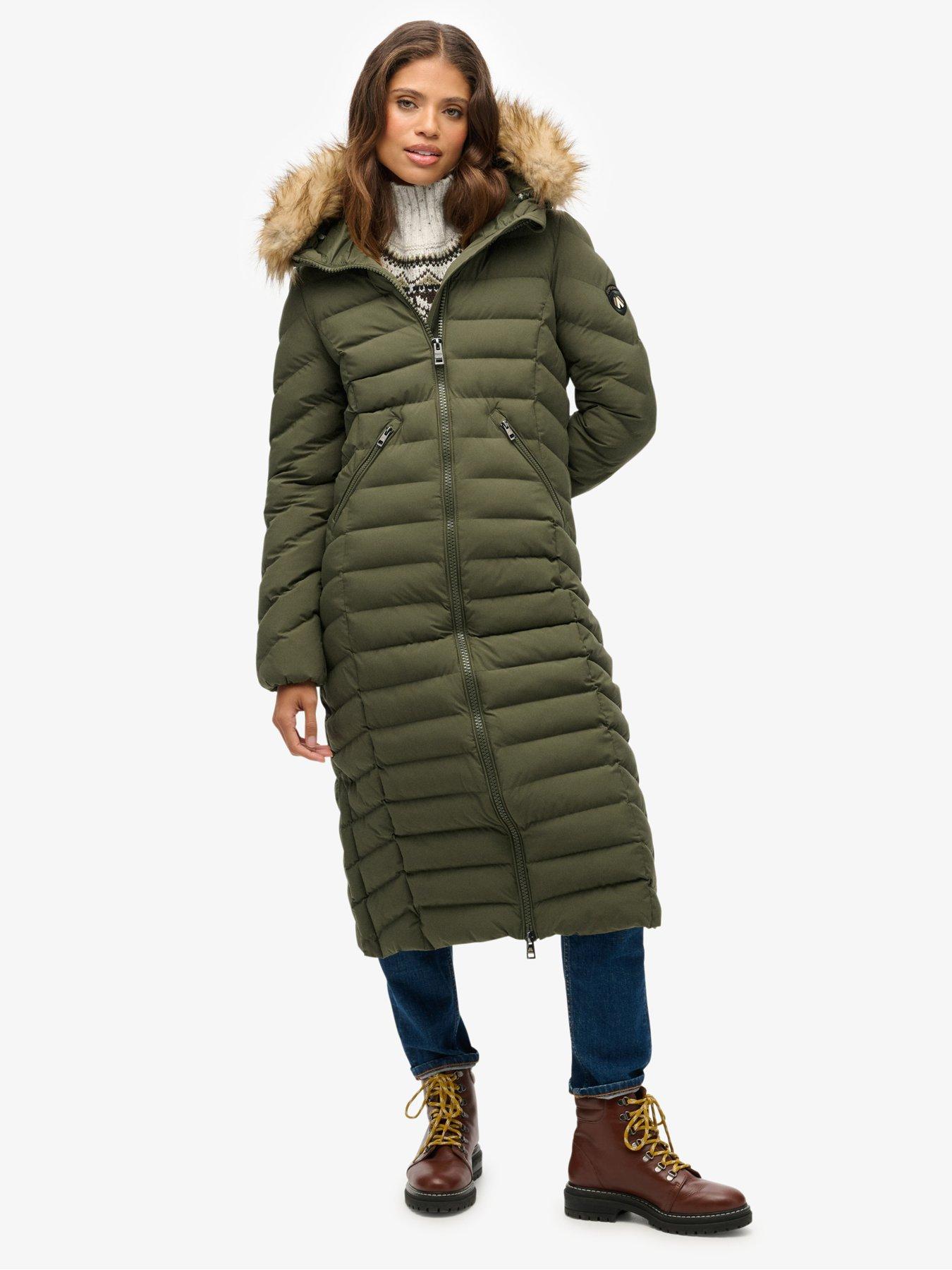  image of superdry-fuji-faux-fur-hooded-longline-beetle-green
