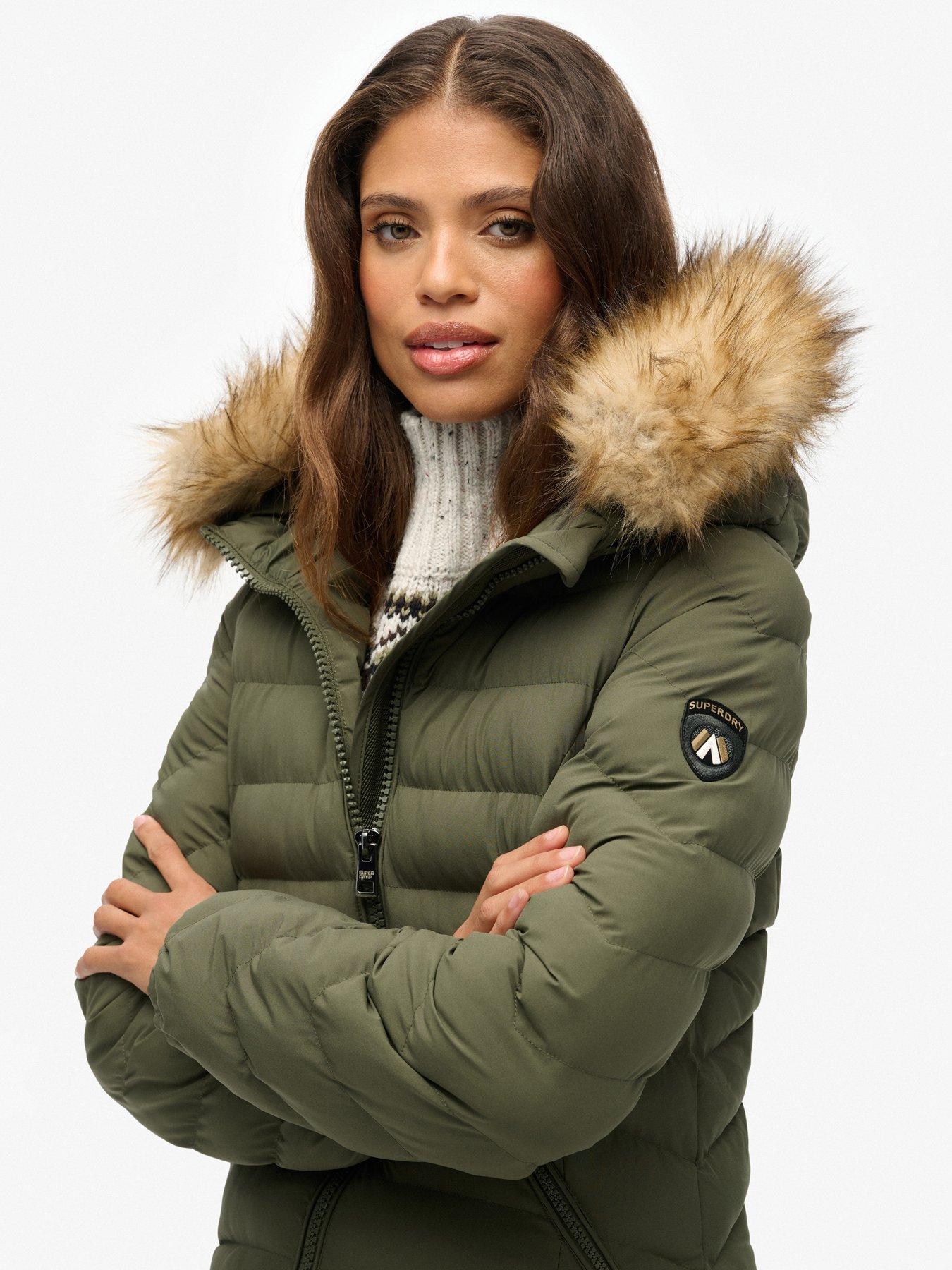  image of superdry-fuji-faux-fur-hooded-longline-beetle-green