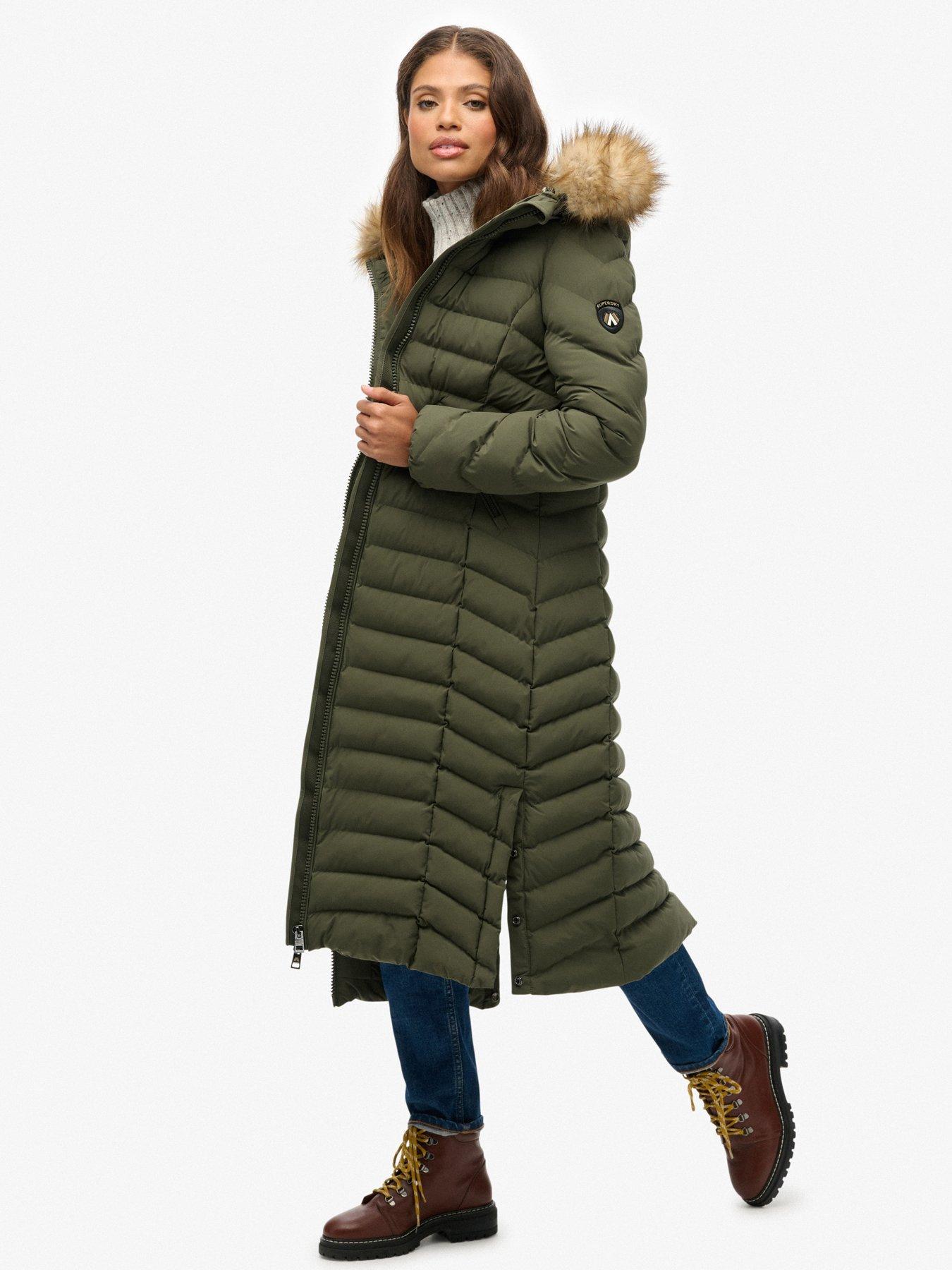  image of superdry-fuji-faux-fur-hooded-longline-beetle-green