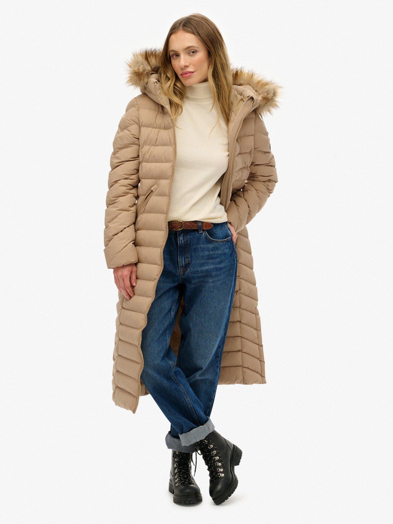 Image 4 of 7 of Superdry Fuji Faux Fur Hooded Longline - Shaker Beige