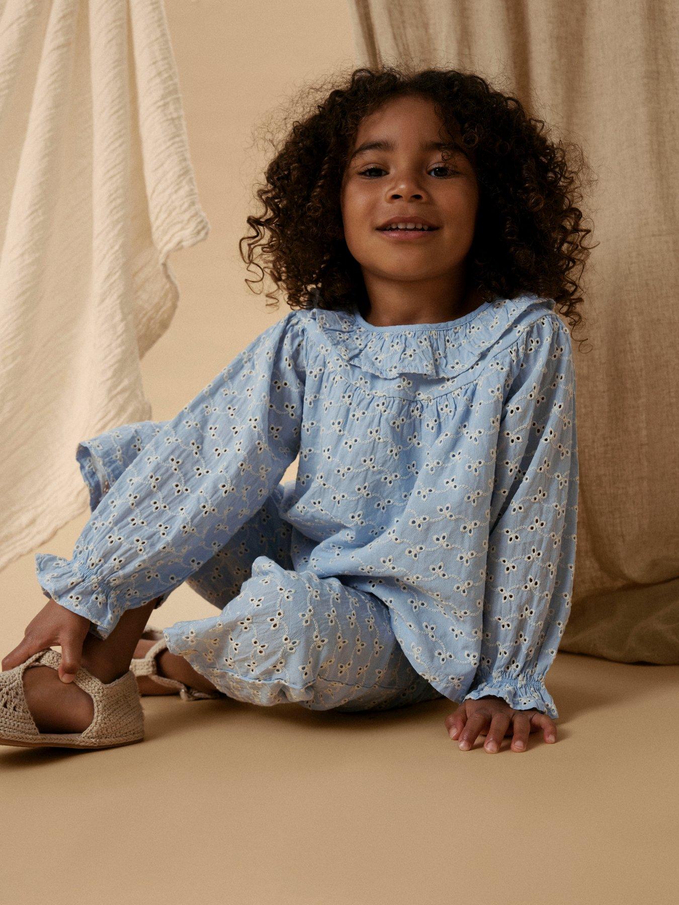 Lil Atelier Mini Girls Long Sleeve Co-ord Broderie Anglais Blouse - Light Blue