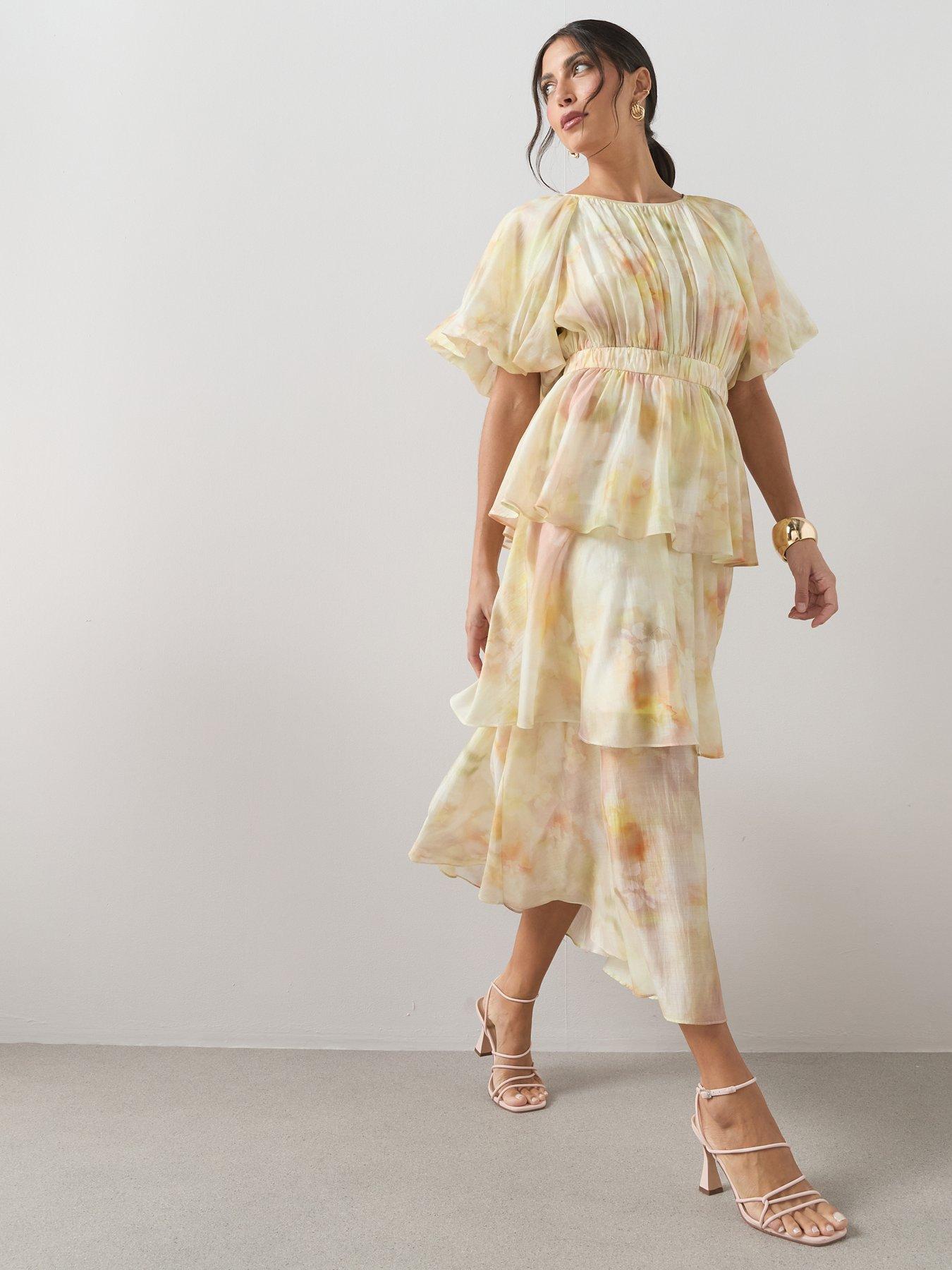 The Very Collection Short Sleeve Waist Detail Tiered Midi Dress - Print