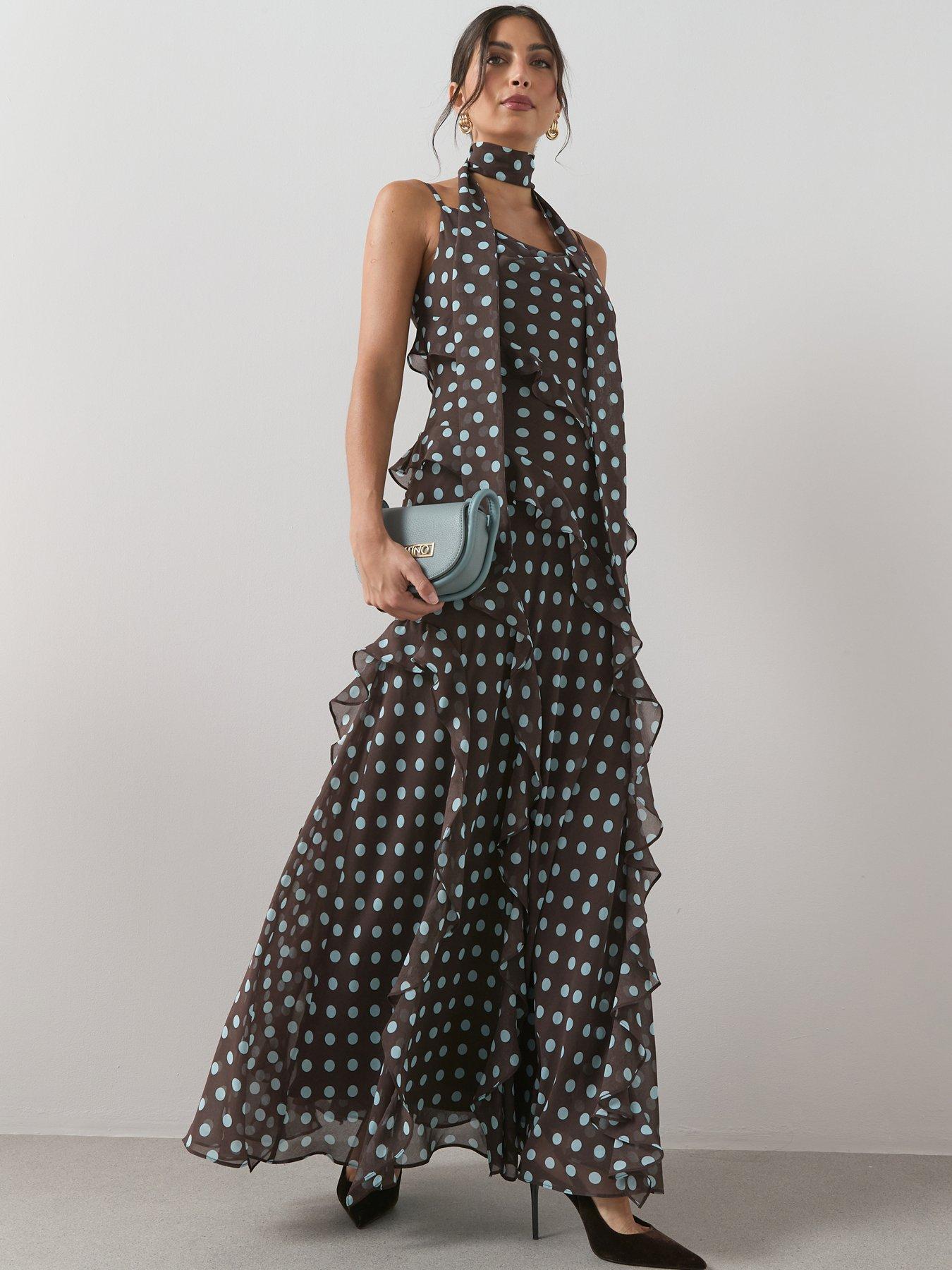 The Very Collection Polka Dot Scarf Detail Ruffle Maxi Dress - Print