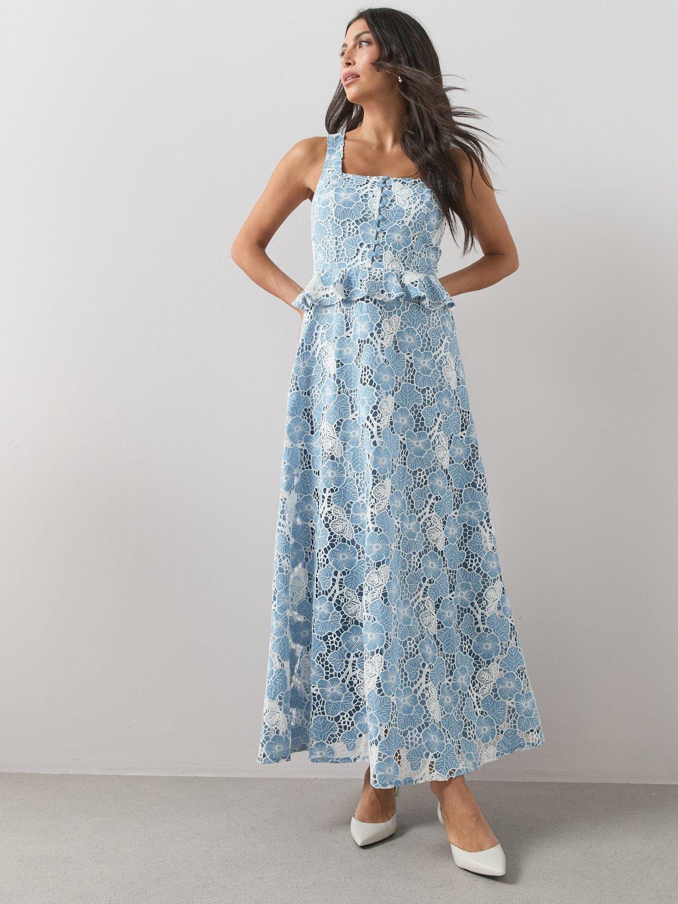 Image 1 of 6 of The Very Collection Sleeveless Lace Frill Midaxi Dress - Blue