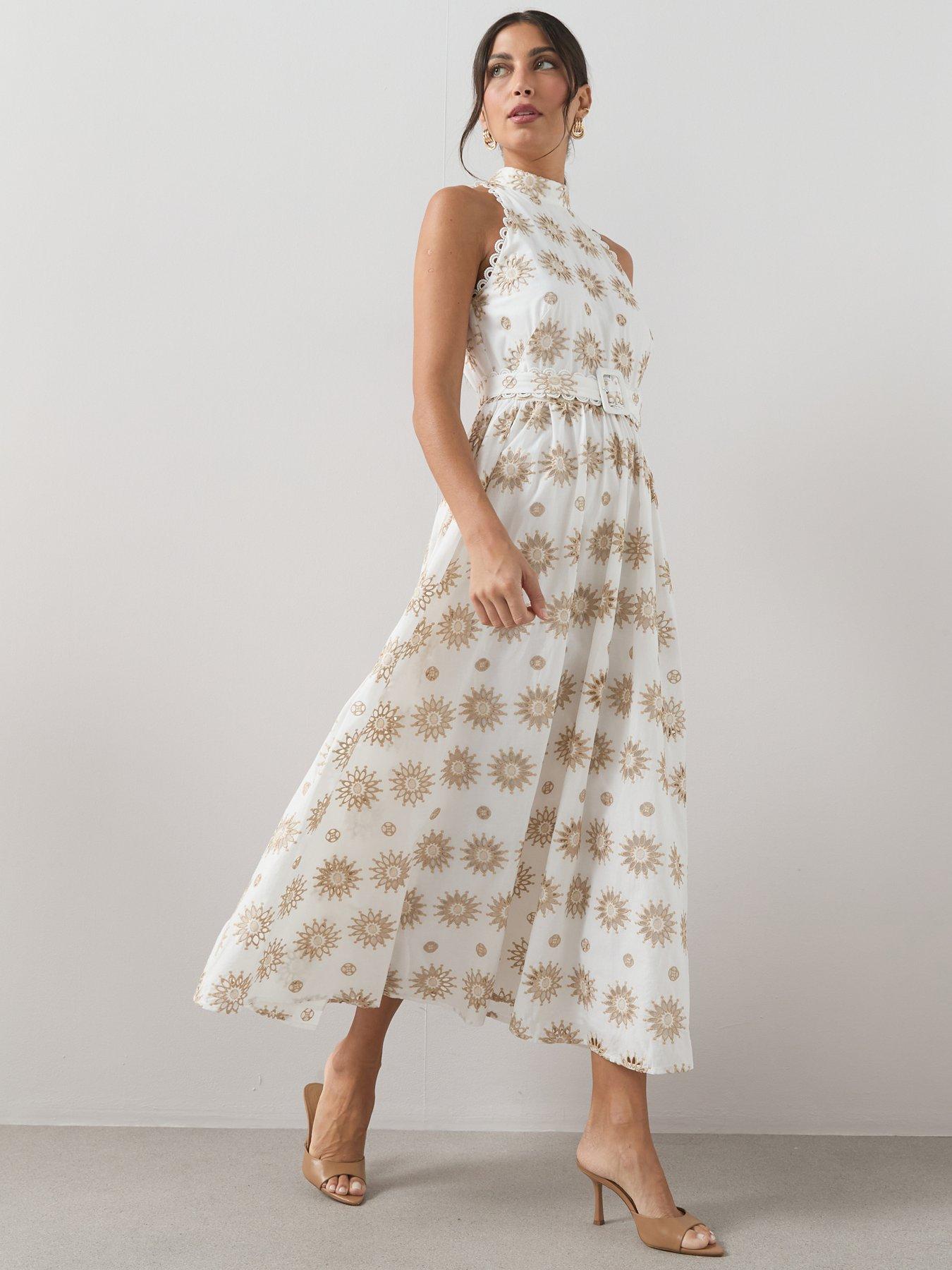 The Very Collection Embroidered Racer Neck Belted Midaxi Dress - White