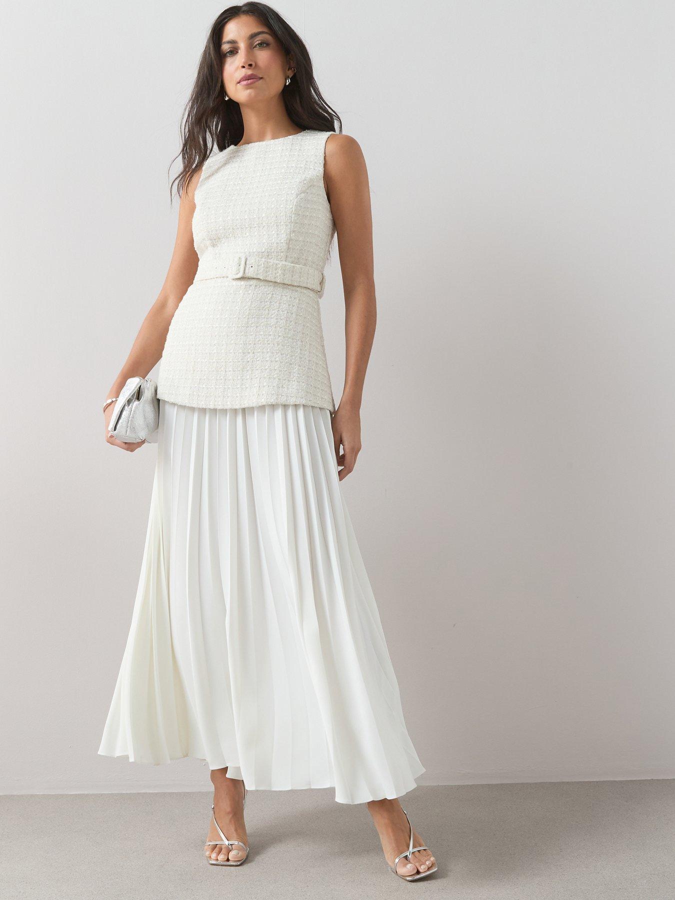 The Very Collection Tweed Overlay Pleated Midaxi Dress - White