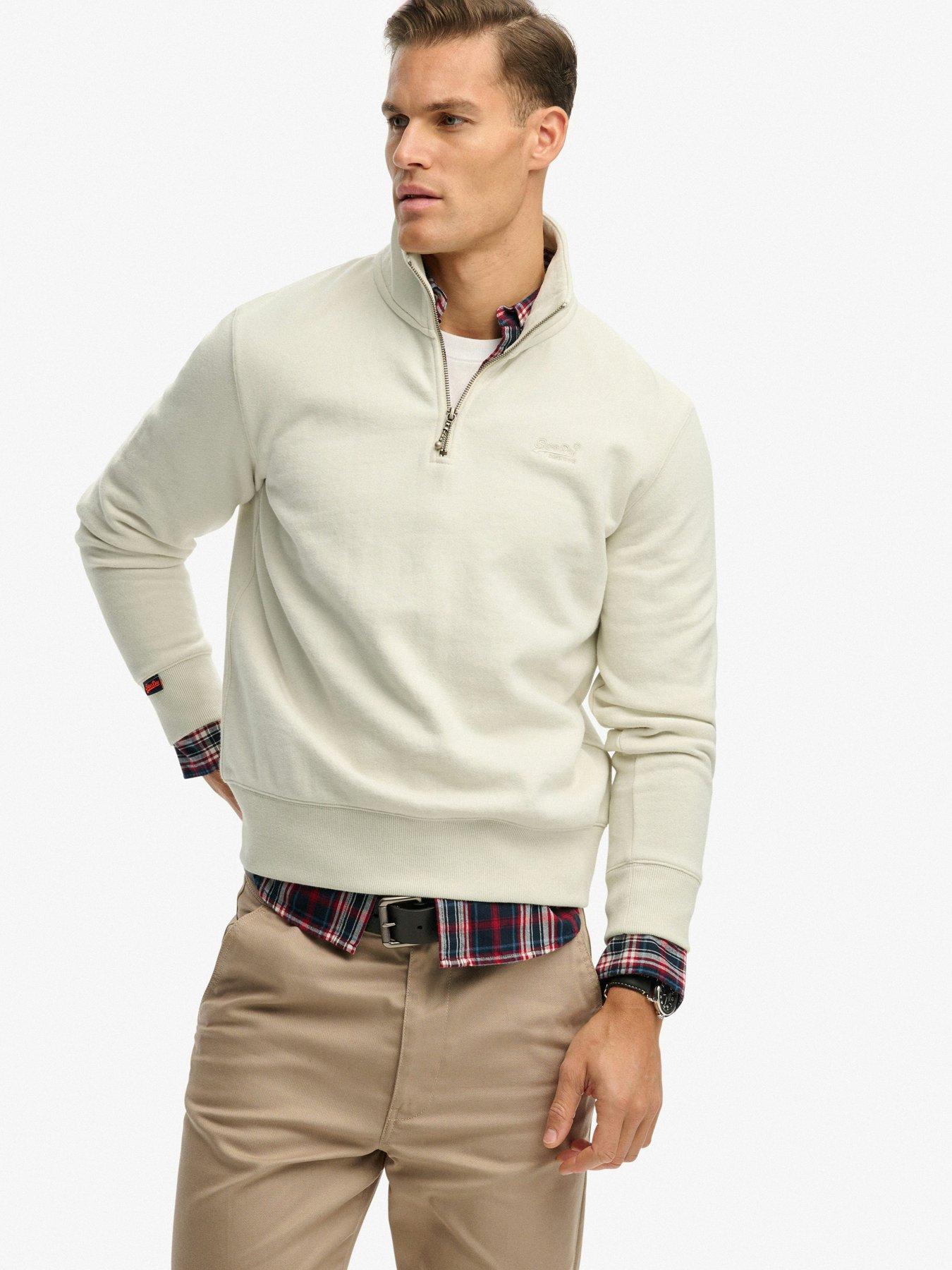 front image of superdry-essential-logo-henley-14-zip-sweatshirt-beige