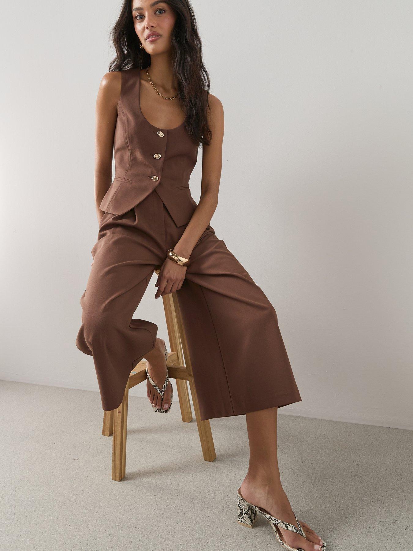 Image 3 of 6 of The Very Collection Linen Blend Tailored Culottes - Brown