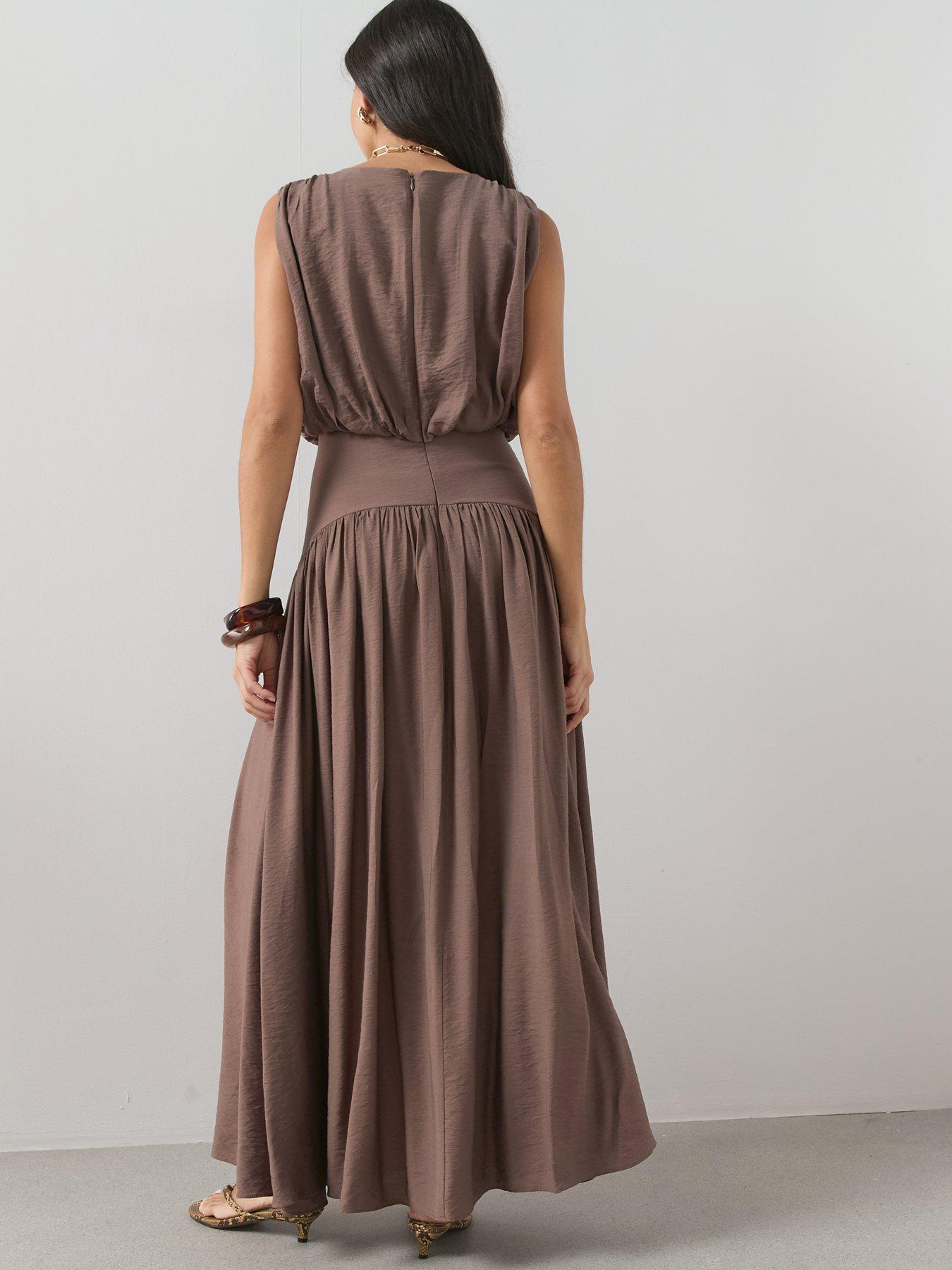 Image 2 of 6 of The Very Collection Blouson Waisted Midaxi Dress - Brown