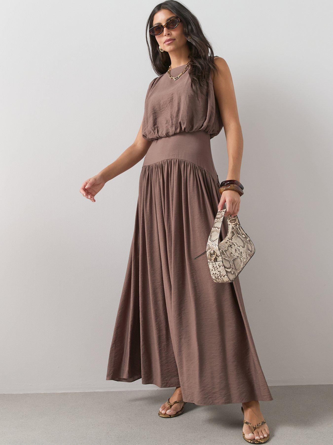 Image 3 of 6 of The Very Collection Blouson Waisted Midaxi Dress - Brown