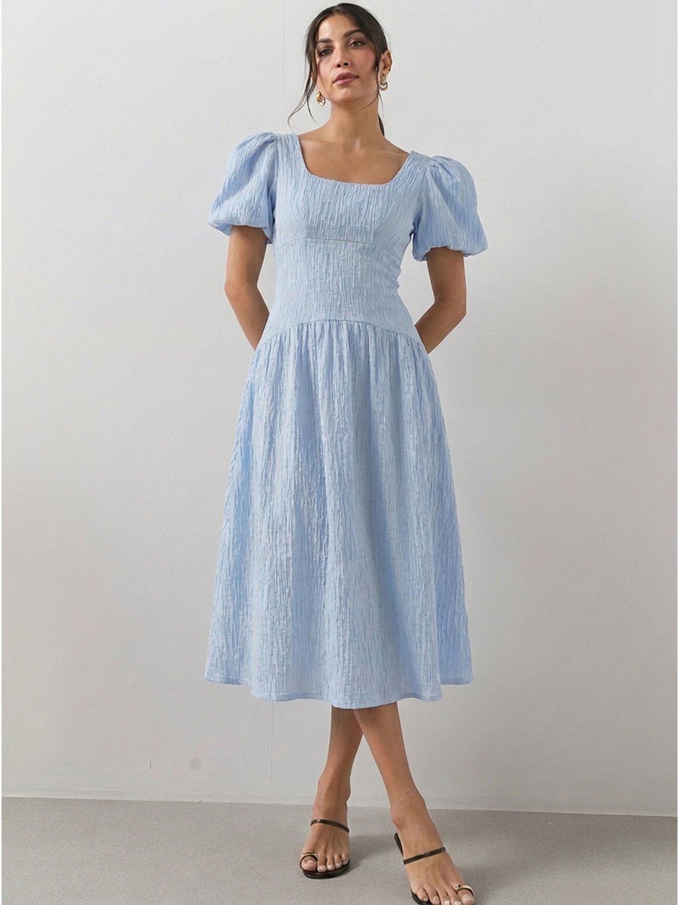 The Very Collection Textured Curve Seam Puff Sleeve Midi Dress - Blue