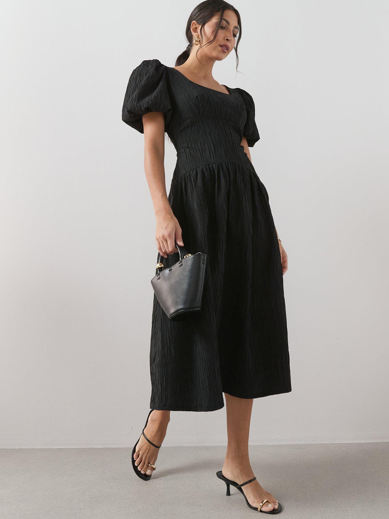 The Very Collection Textured Curve Seam Puff Sleeve Midi Dress - Black