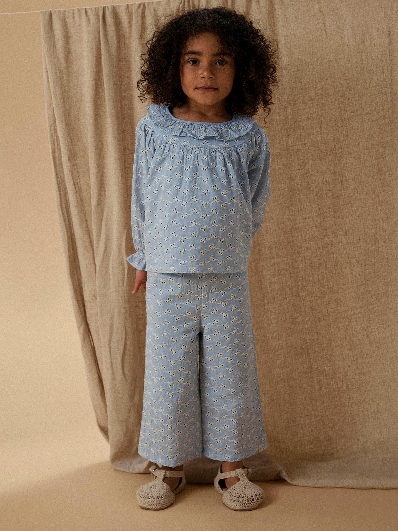 Image 2 of 4 of Lil Atelier Mini Girls Co-ord Broderie Anglais Wide Trousers - Light Blue