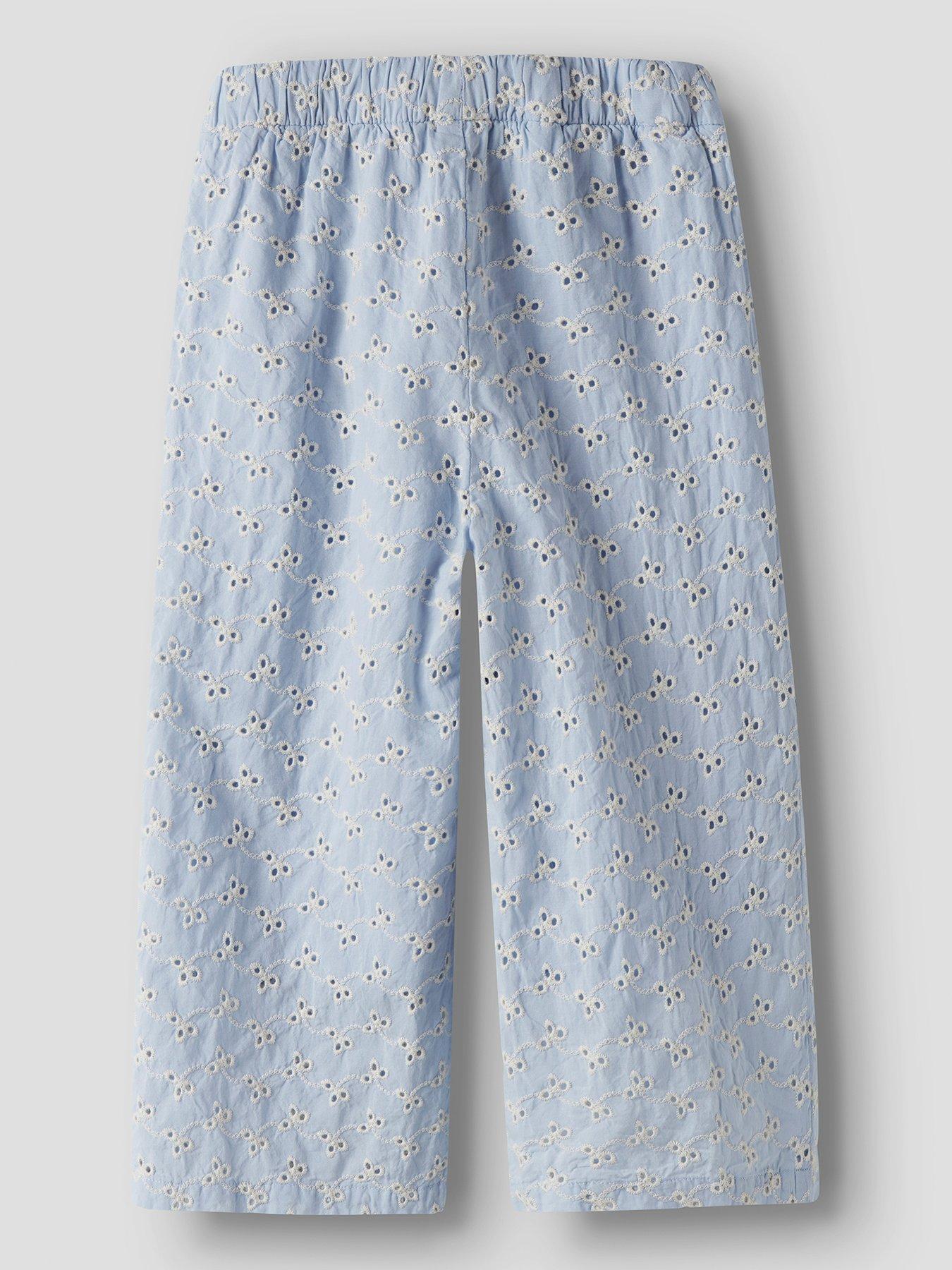 Image 3 of 4 of Lil Atelier Mini Girls Co-ord Broderie Anglais Wide Trousers - Light Blue