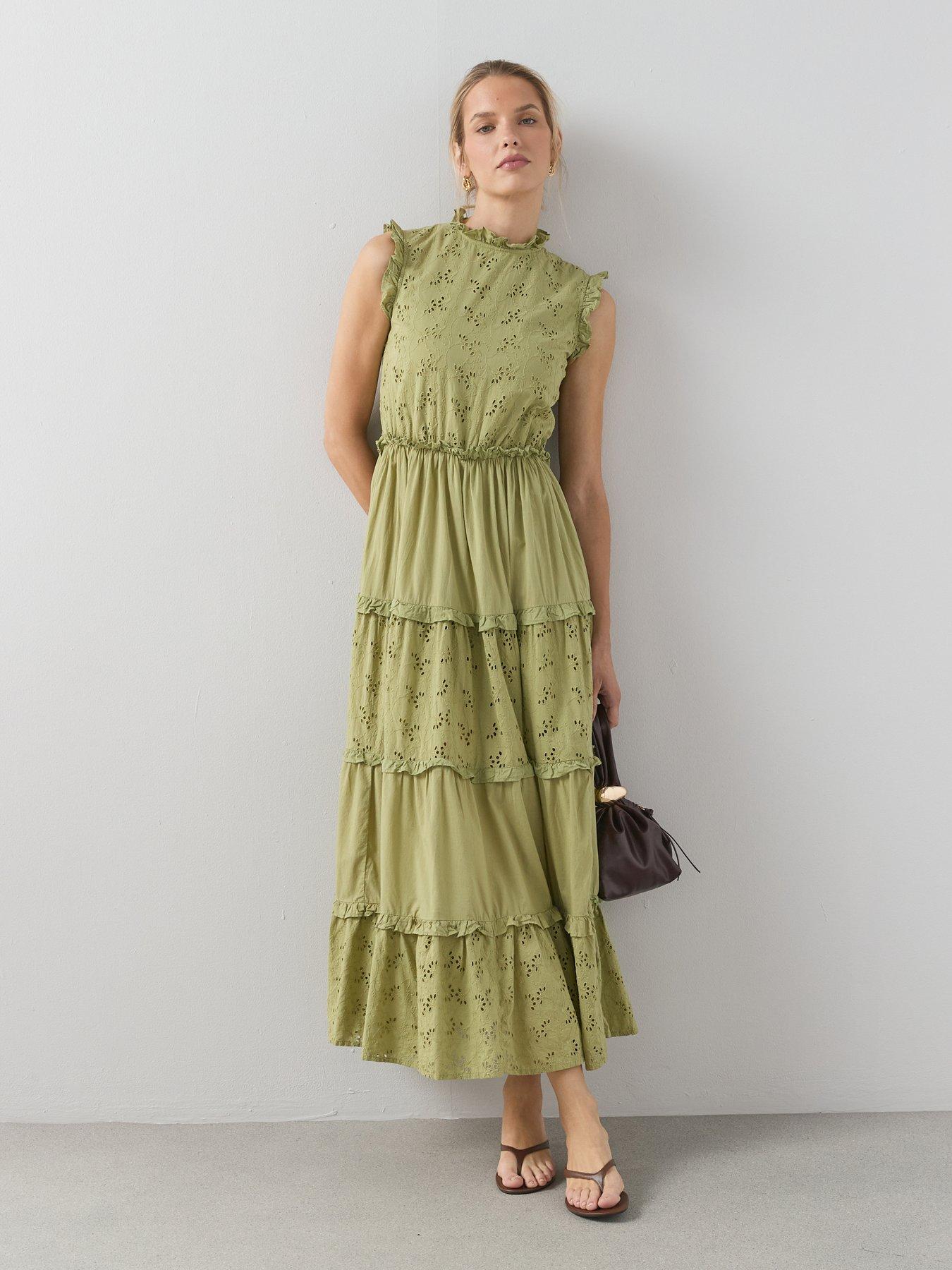 The Very Collection Broderie Frill Detail Midaxi Dress - Green