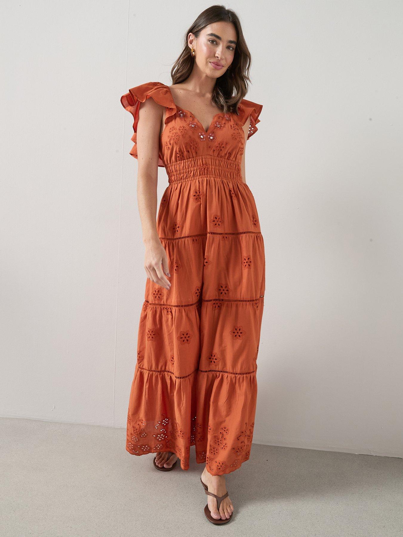 The Very Collection Embellished Frill Sleeve Ladder Midaxi Dress - Brown