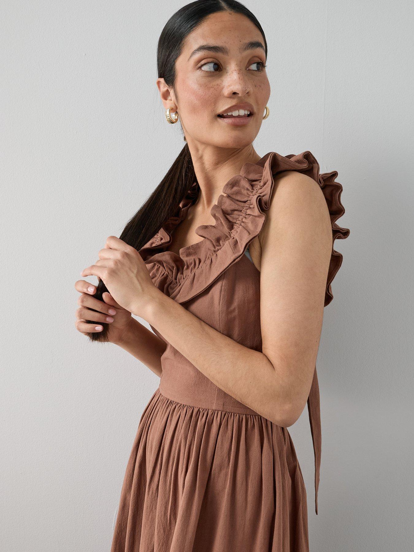 The Very Collection Ruffle Strap Detail Midaxi Dress - Brown