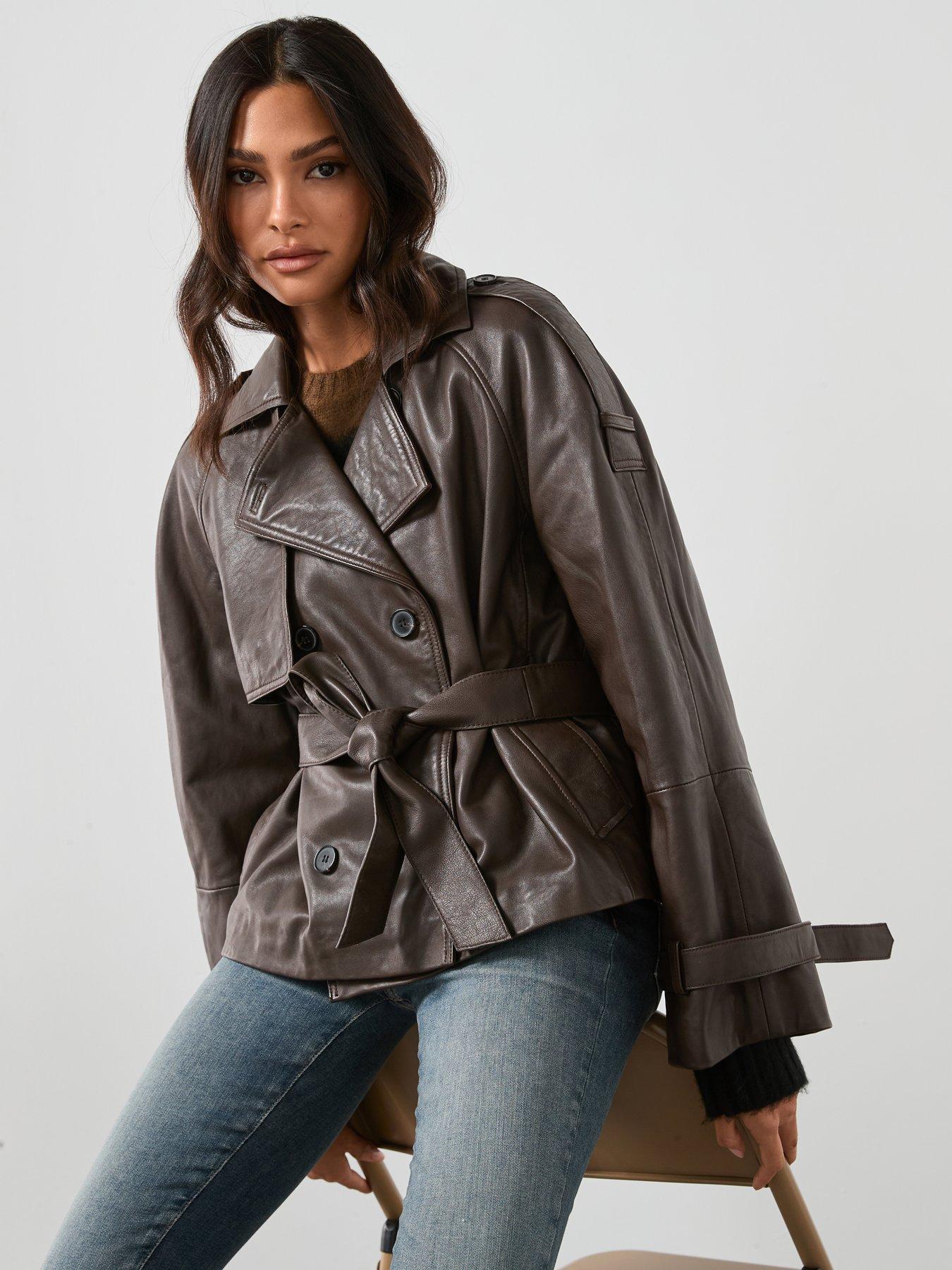 AllSaints Reed Cropped Leather Trench Coat - Brown