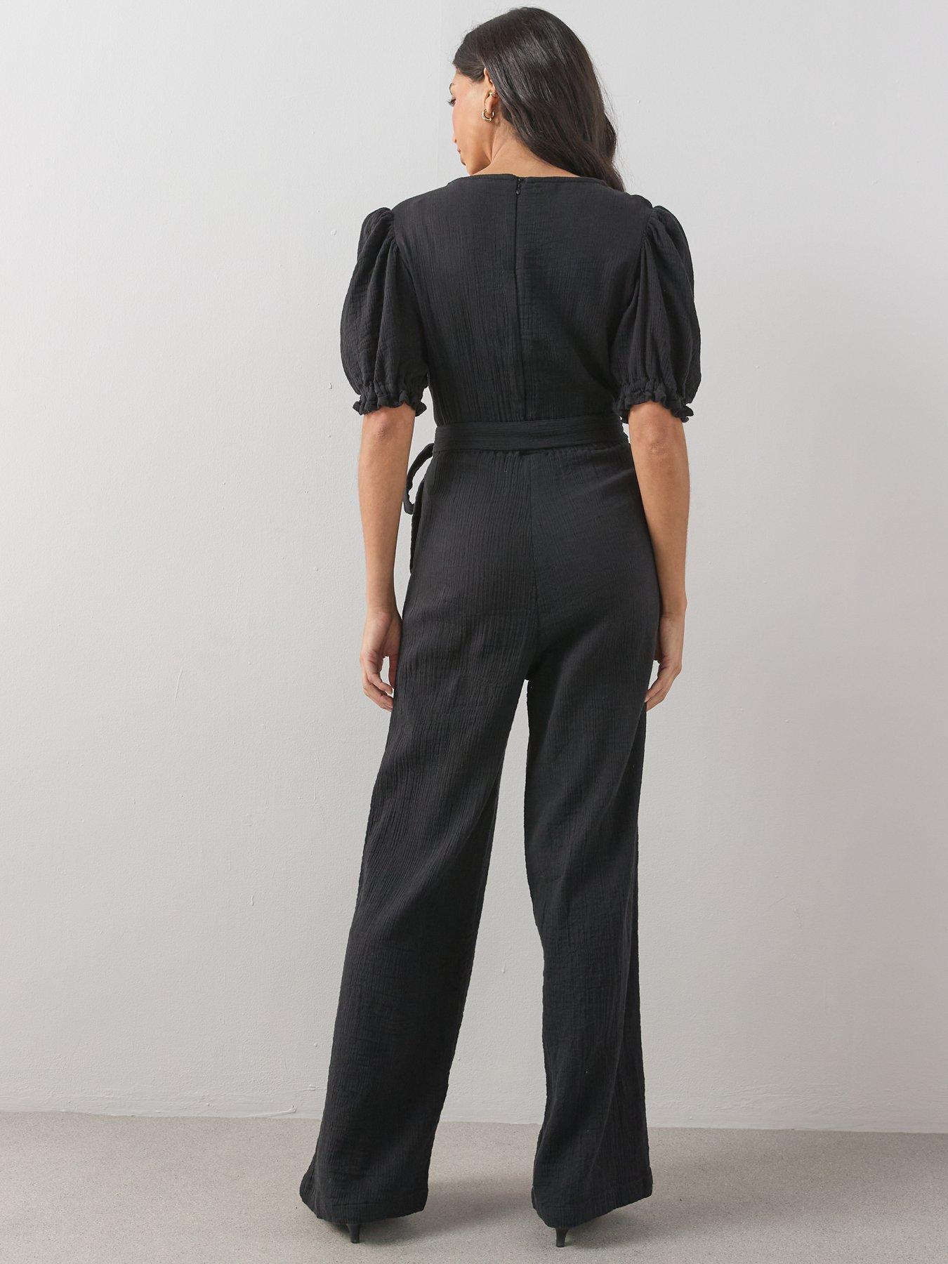Image 2 of 7 of The Very Collection Cheese Cloth Puff Sleeve Belted Jumpsuit - Black