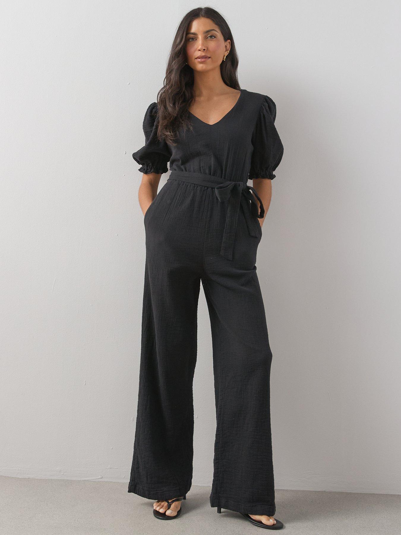 Image 3 of 7 of The Very Collection Cheese Cloth Puff Sleeve Belted Jumpsuit - Black